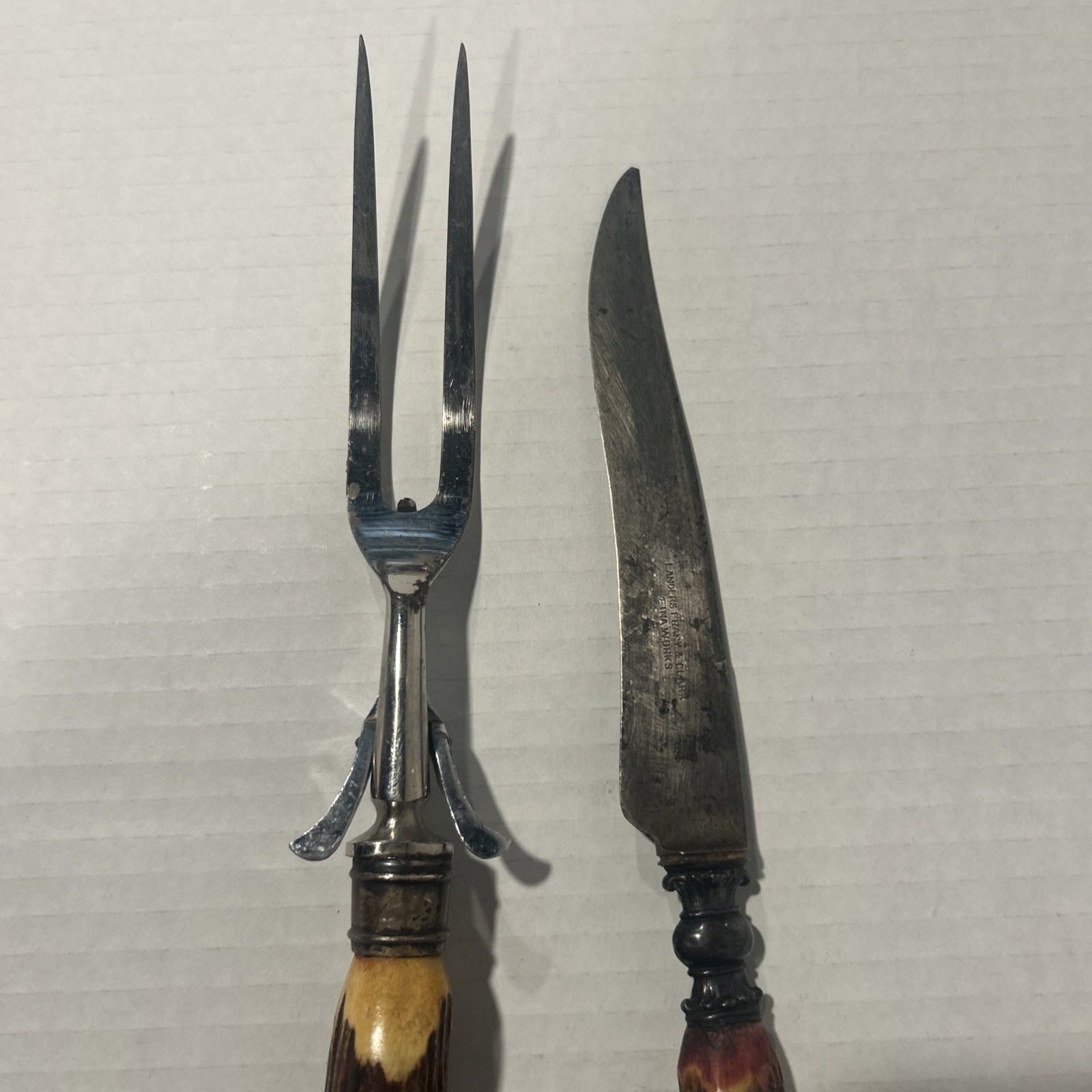 Antique Victorian stag antler carving set 19th century, 11”