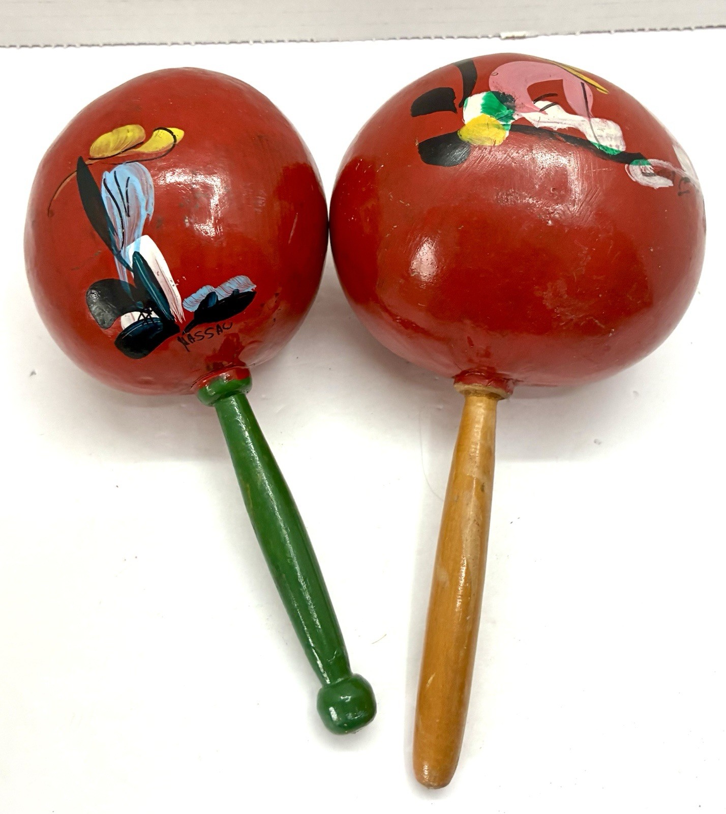 Vintage Original Mexican Hand Painted Wooden Fiesta Maracas Set Of 2 Music Art