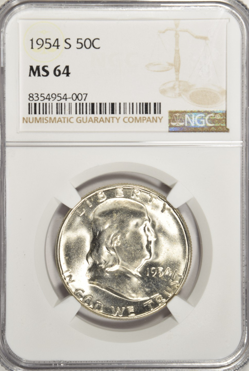 1954 S FRANKLIN HALF DOLLAR ~ NGC MS64 ~ BRIGHT WHITE!