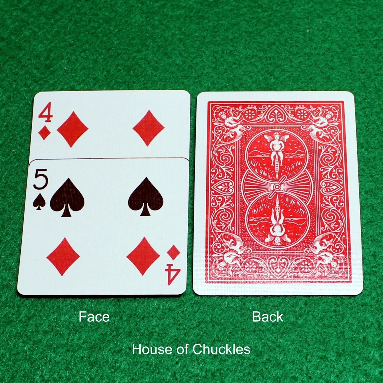 4 of Diamonds overlap 5 of Spades, Bicycle Printed Gaff Card, Red
