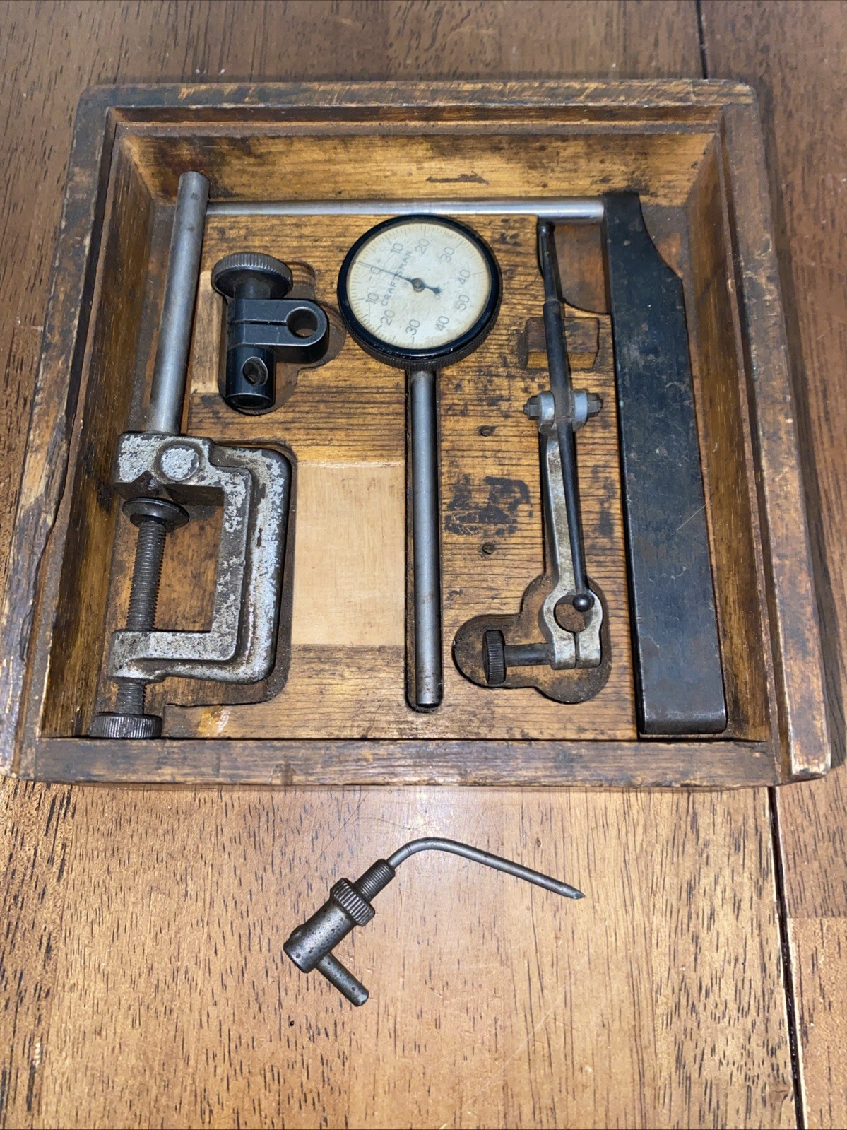 VINTAGE CRAFTSMAN 3868 PLUNGER DIAL INDICATOR TEST SET WITH WOOD DOVETAIL BOX