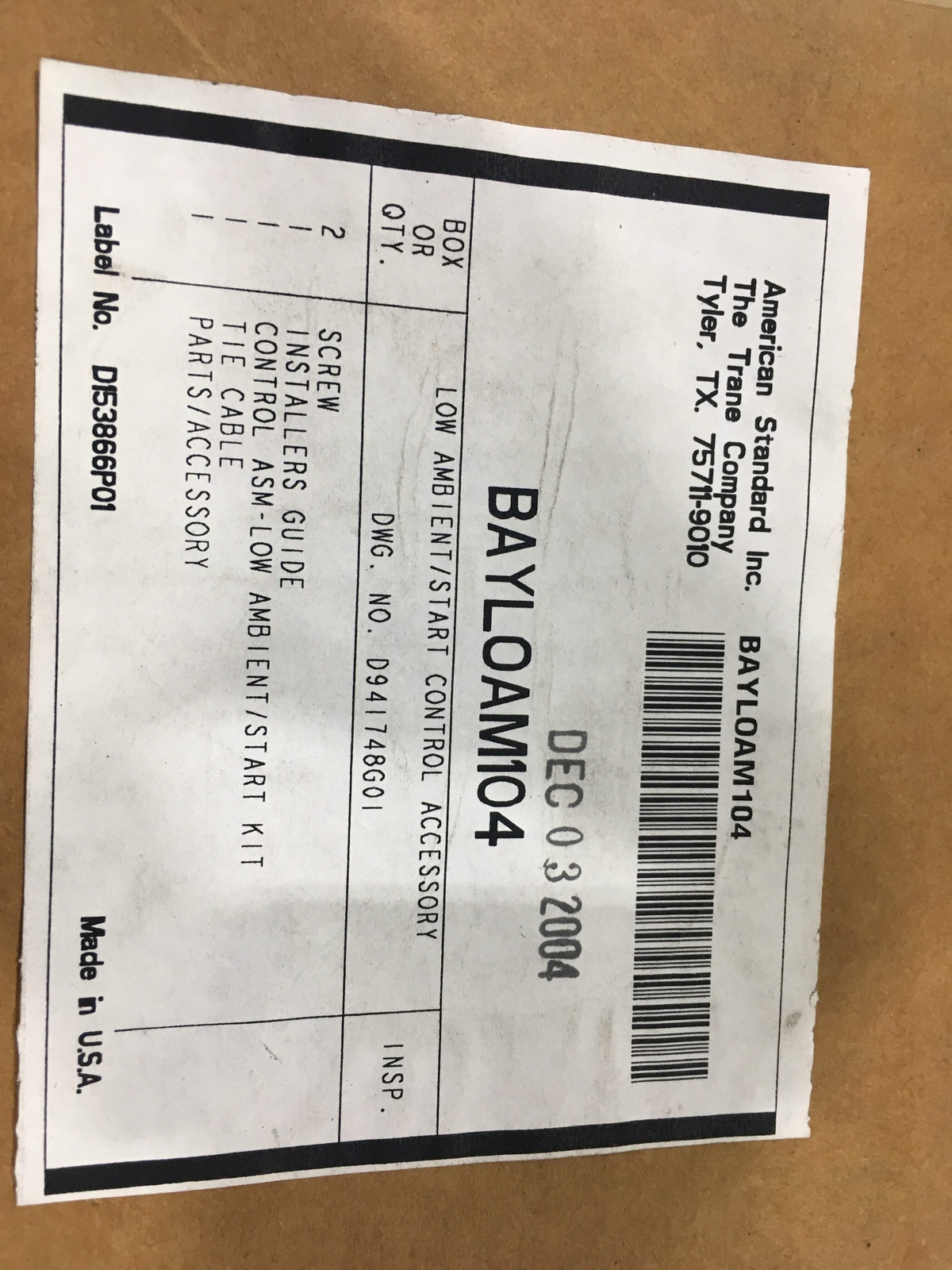 TRANE BAYLOAM104 LOW AMBIENT/ START CONTROL ACCESSORY (150963)