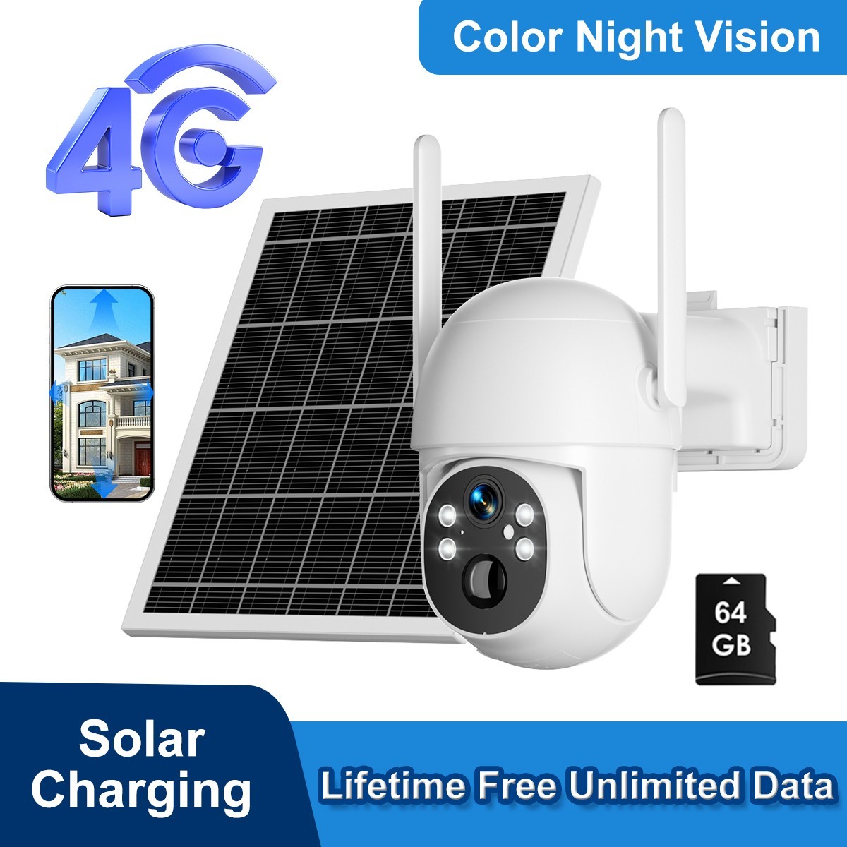 Lifetime Free Unlimited Data 4G LTE Security Camera Solar Battery Wireless