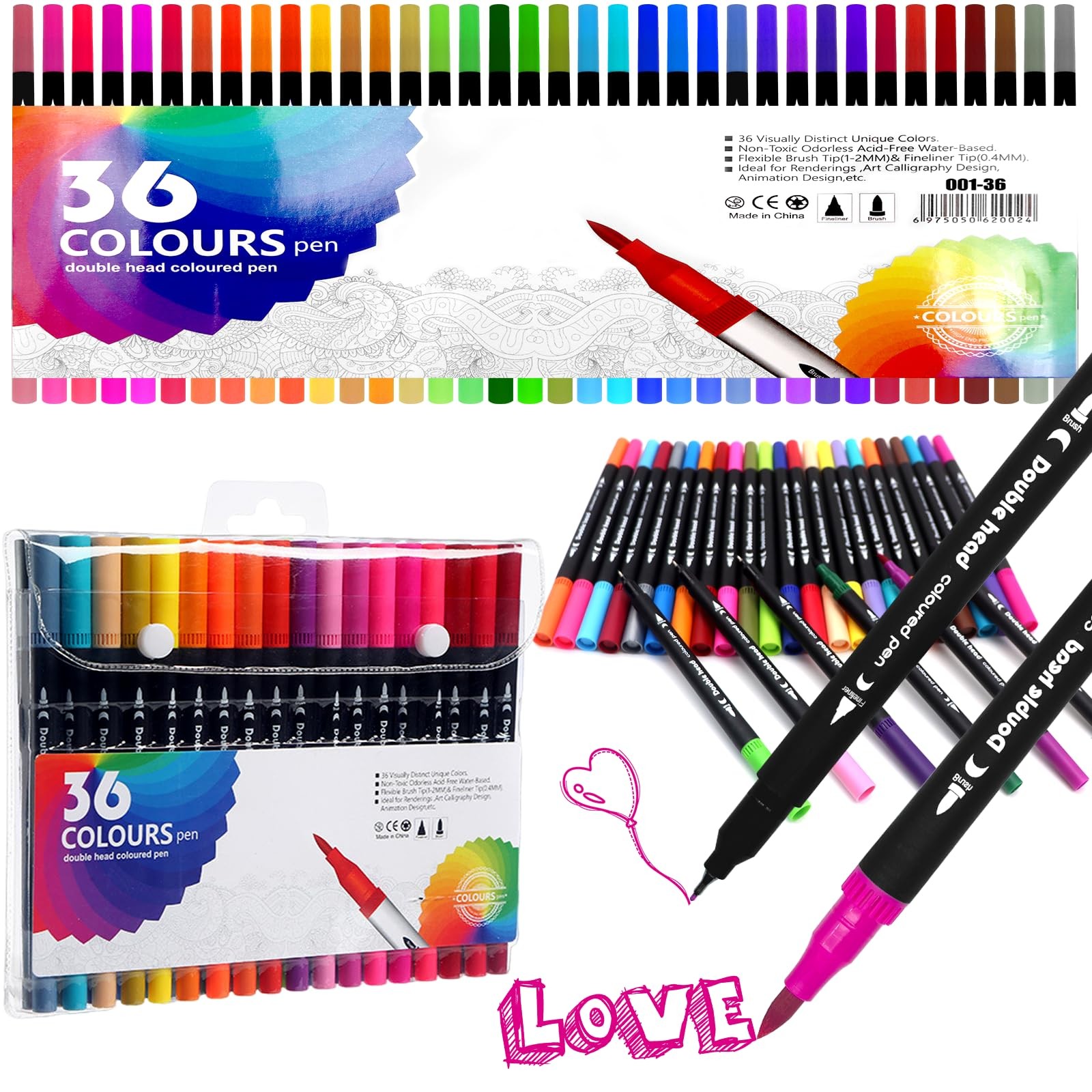 MEIEGOU Dual Markers Brush Pens, 36 Fine Point Art 1 Count (Pack of 36)