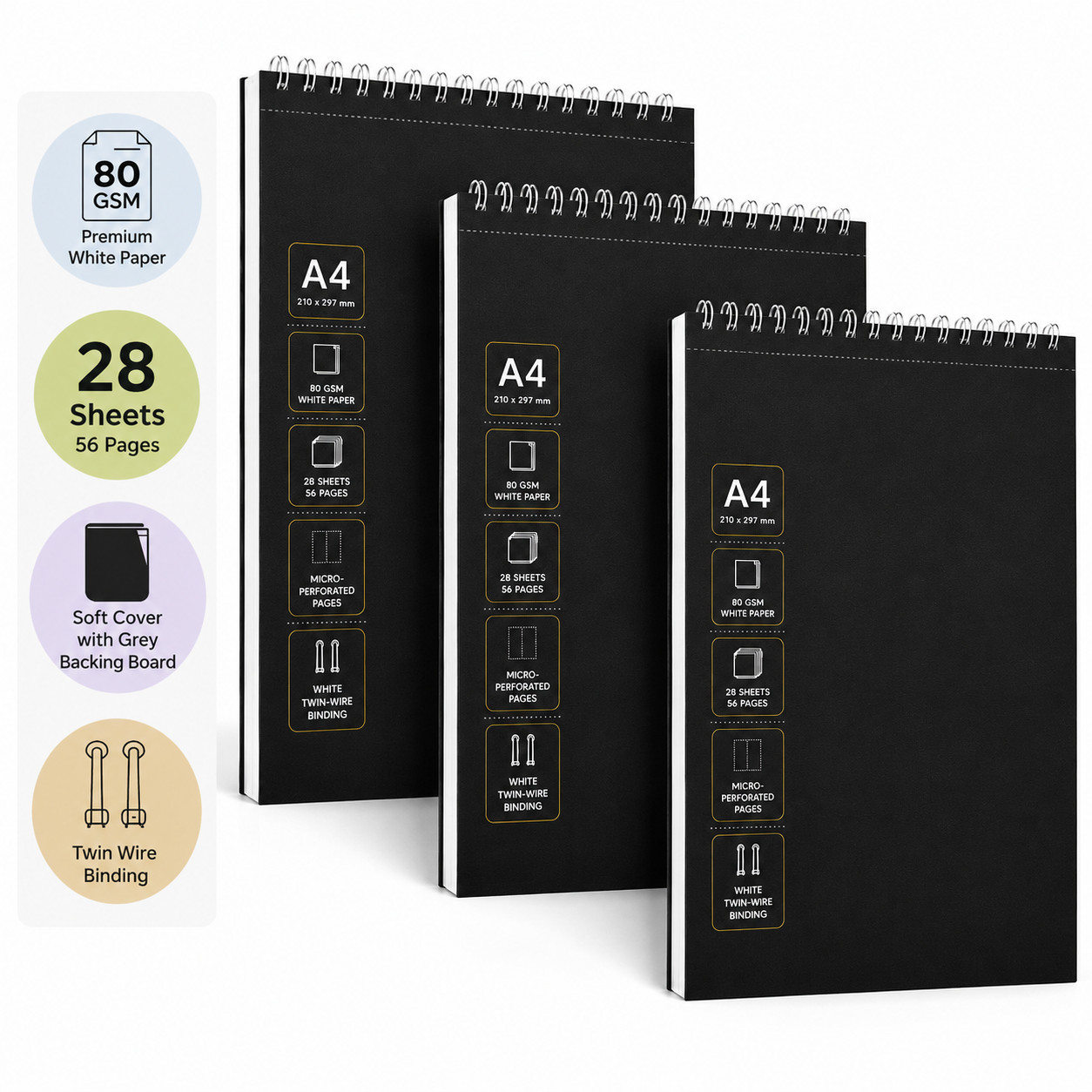 A4 Sketchbook 80GSM White Paper, Spiral Bound, 28 Sheets, 56 Pages, Pack of 3