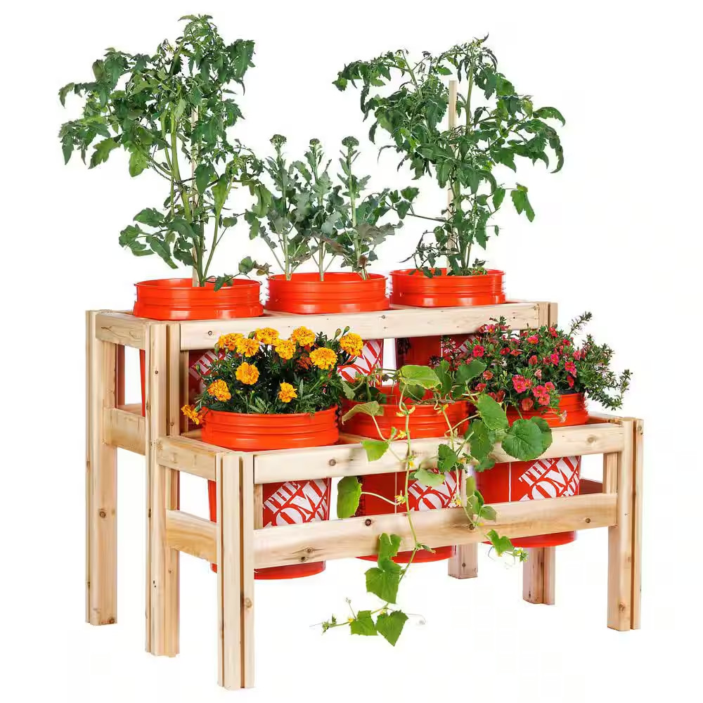 6-Bucket Natural Wood Two Tiered Cedar Elevated Garden Raised Bed Frame (43 In.
