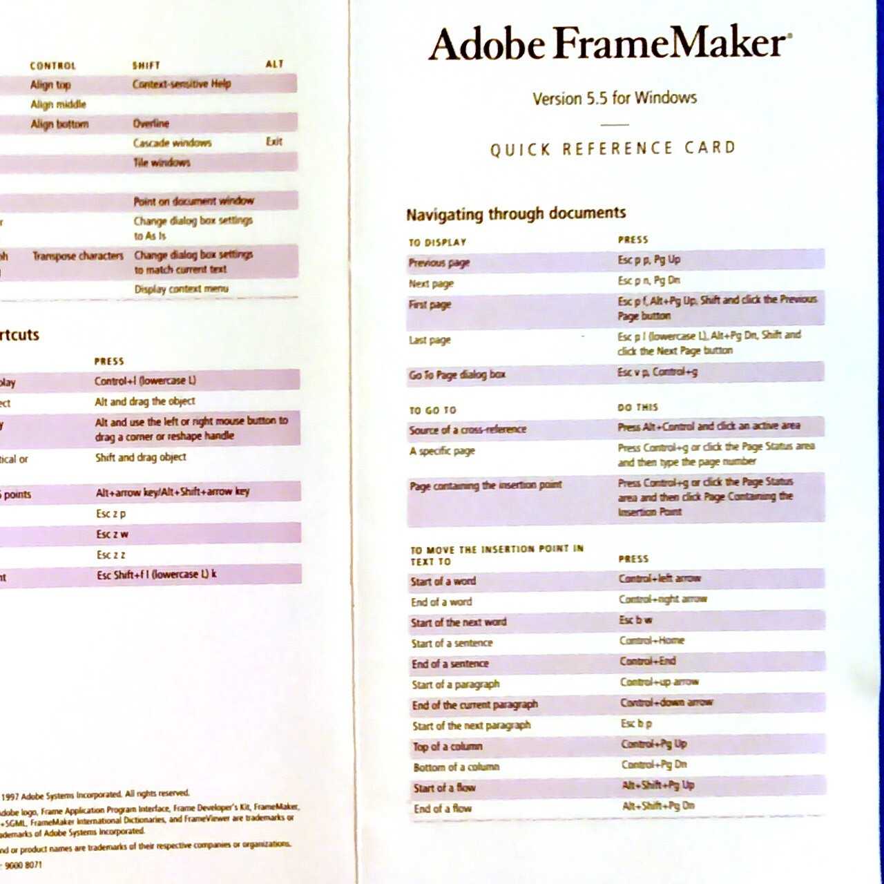 Adobe FrameMaker Version 5.5 Quick Reference Card Shortcut Guide for Windows