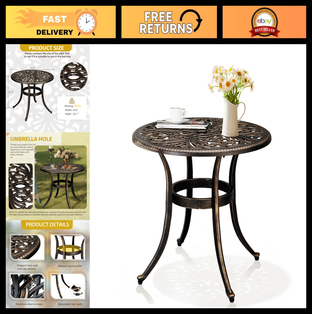 23.6in Bronze Cast Aluminum Bistro Table with Umbrella Hole | Antique Outdoor Pa