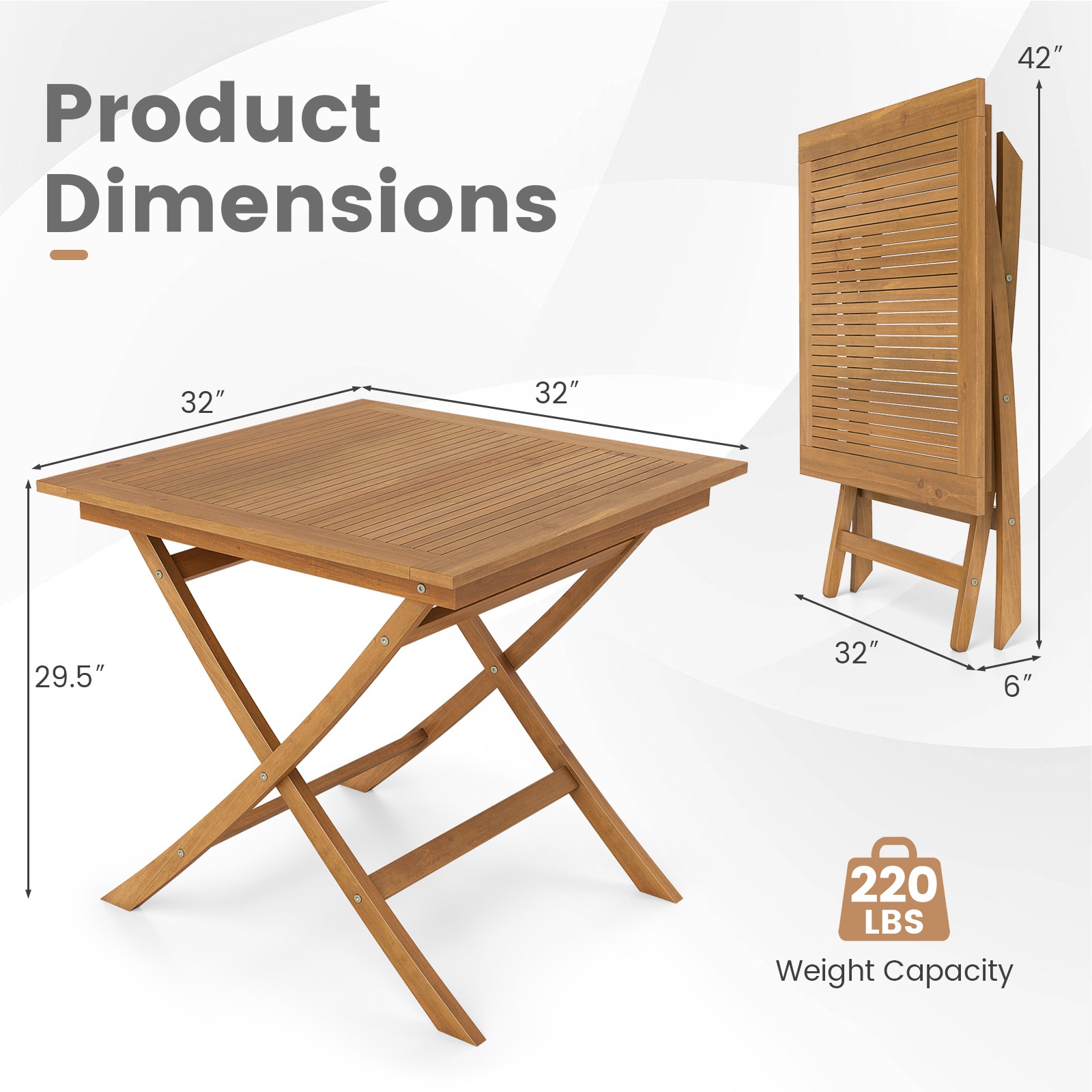 Solid Teak Wood Folding Outdoor Table, 32-Inch Square Patio Dining Table for 4