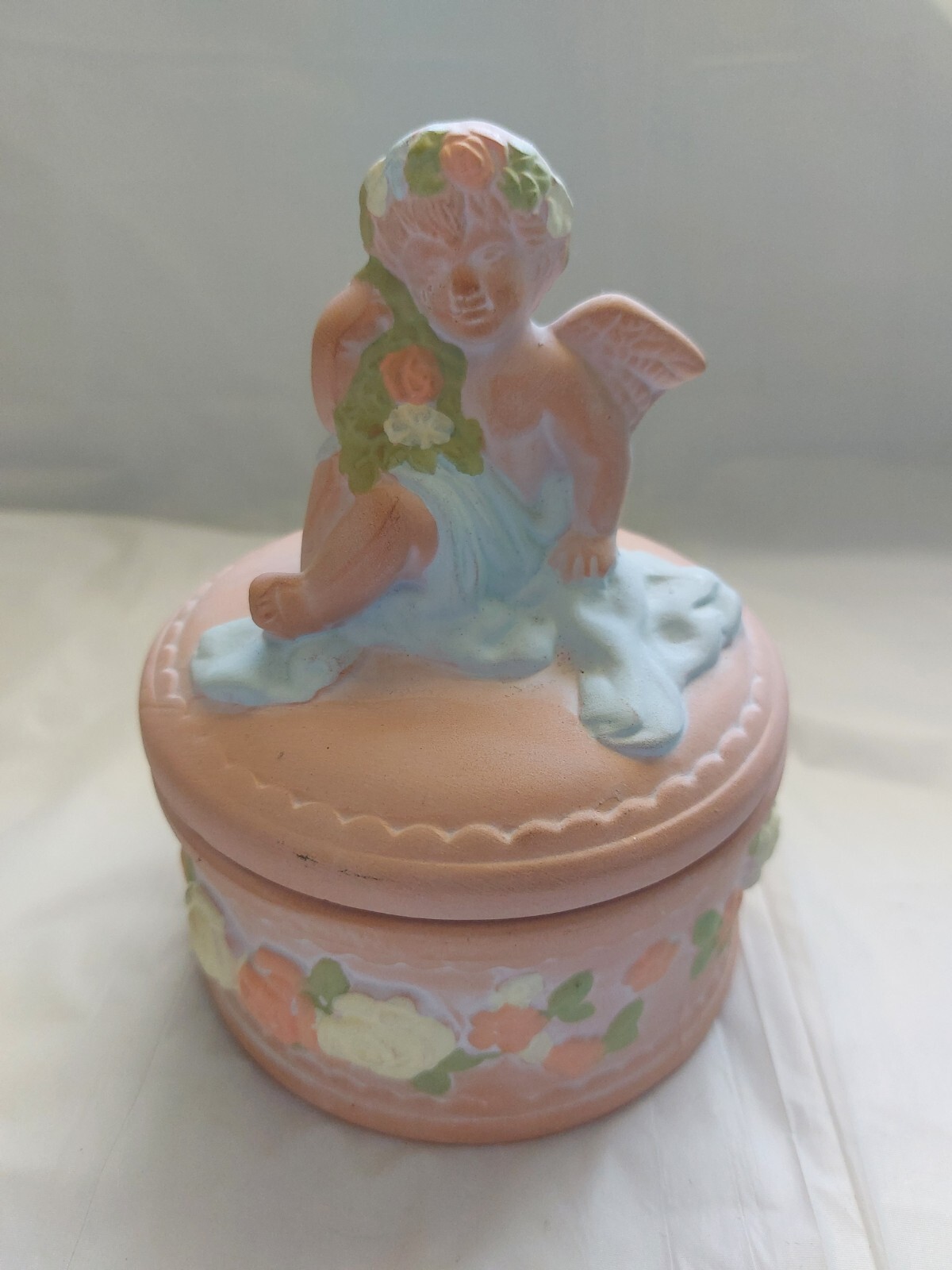 Round Terra Cotta Trinket Box - Cherub and Flowers