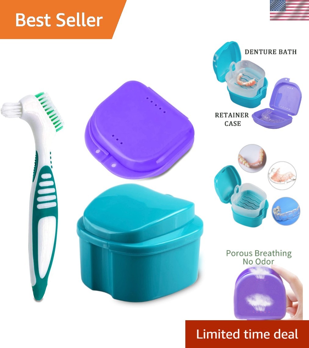 Portable Denture Bath Case with Dual-Head Cleaner Brush & Retainer Storage Box