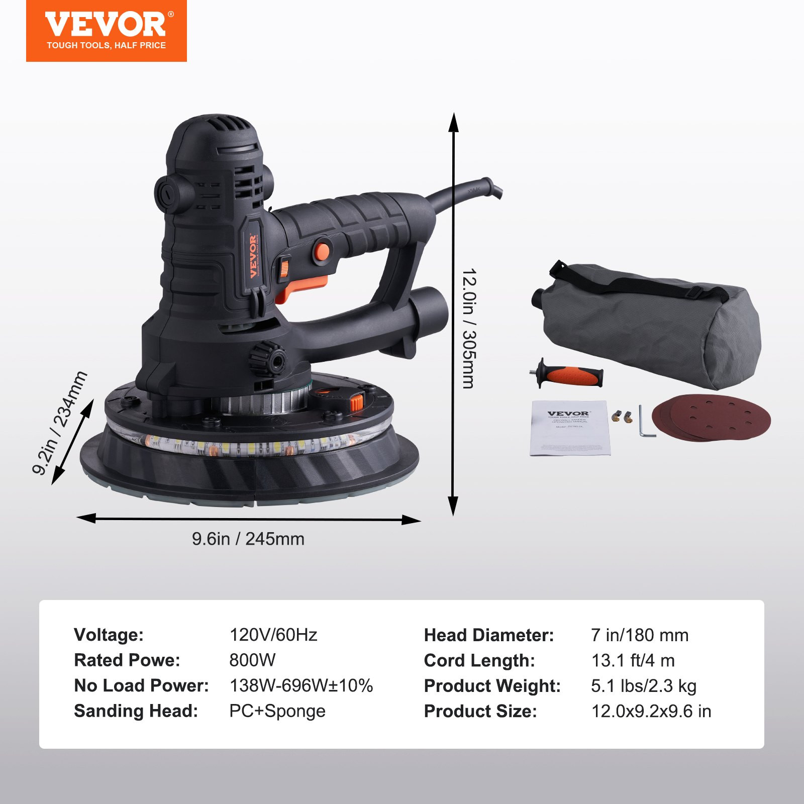 Drywall Sander 800W Electric Wall Sander w/ Vacuum LED Variable Speed