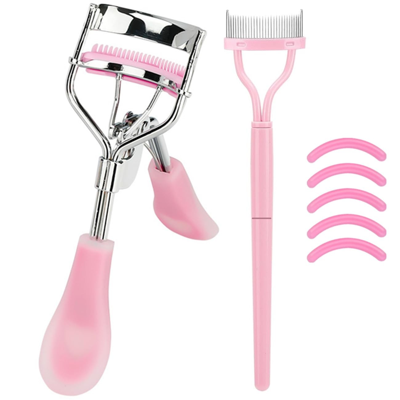Stainless Steel Eyelash Curler Comb Brush 5 Silicone Refill Pads Hazy Pink