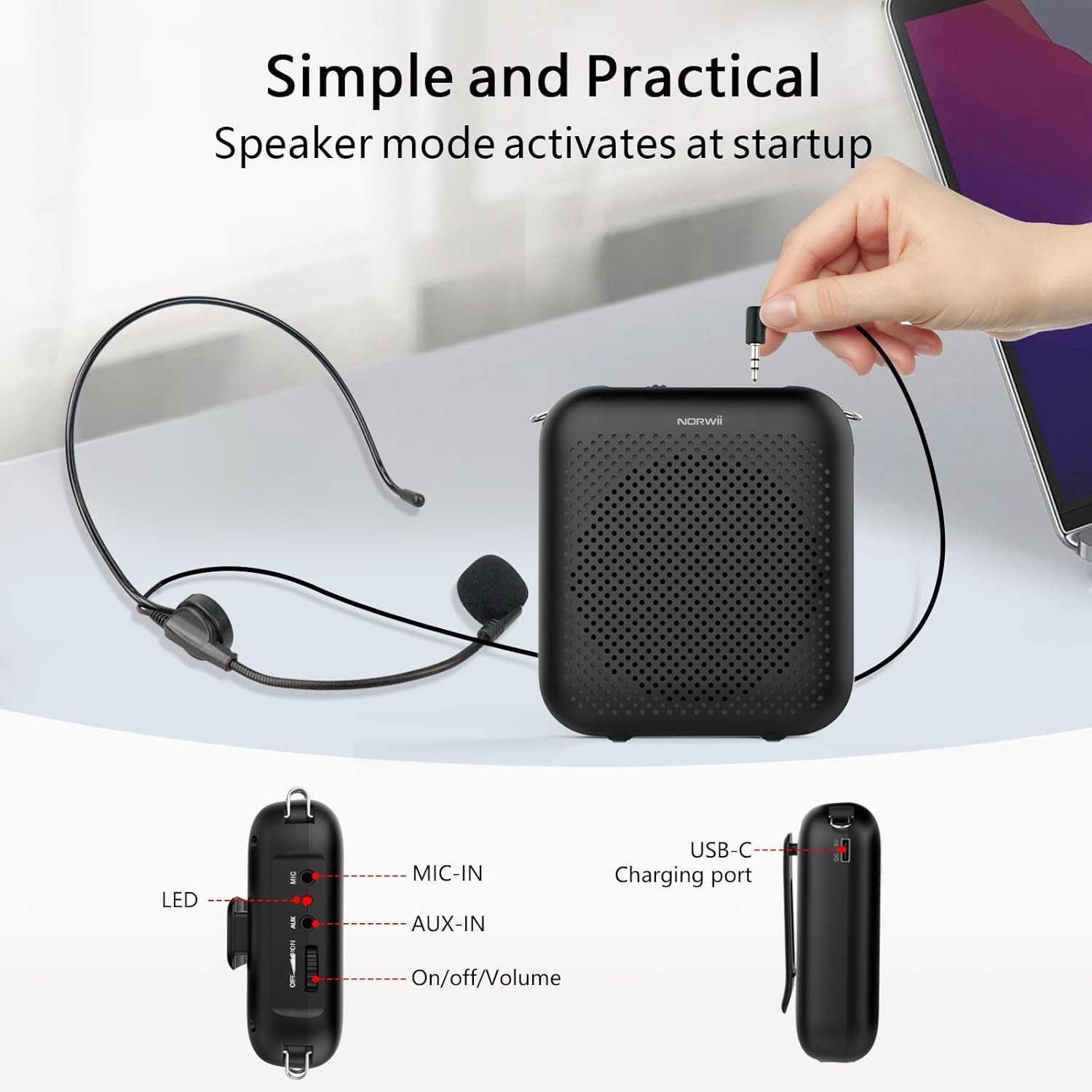 Norwii Bluetooth Voice Amplifier, USB-C Rechargeable - 4000mAh