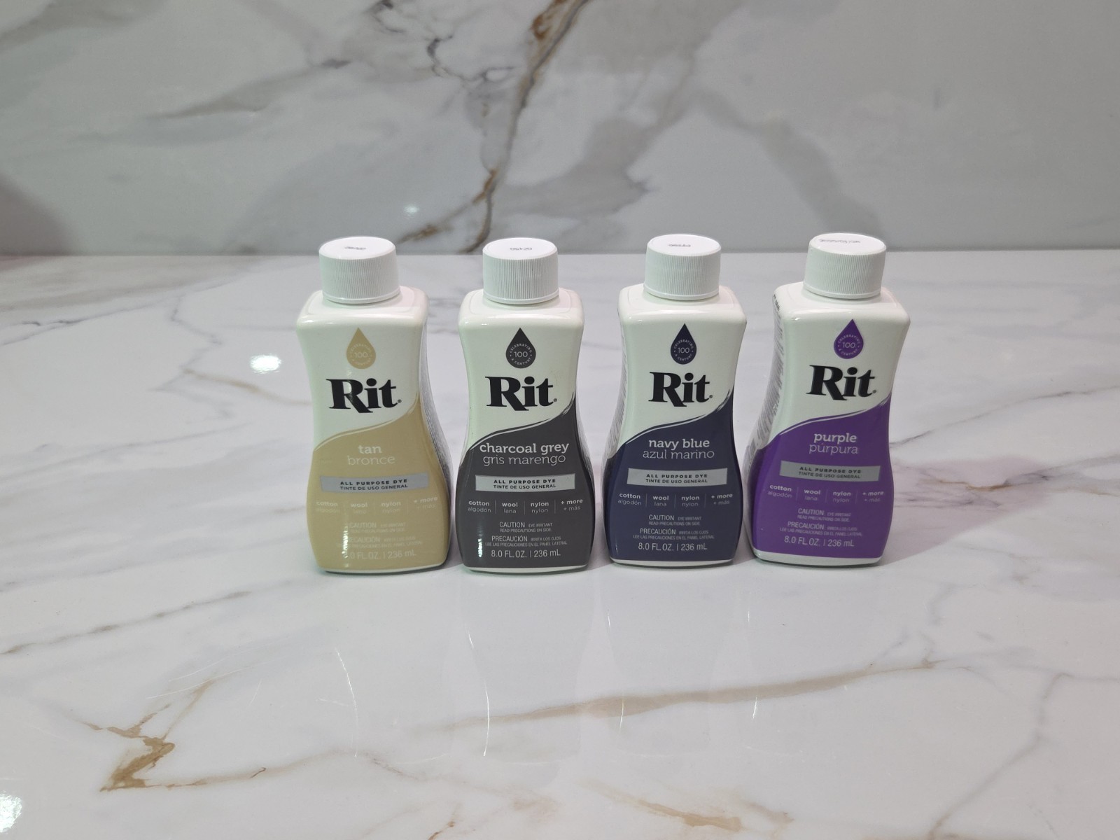 LOT OF 4  Rit Liquid Dye All Purpose Dye 8oz Tan Charcoal Grey Navy Blue Purple