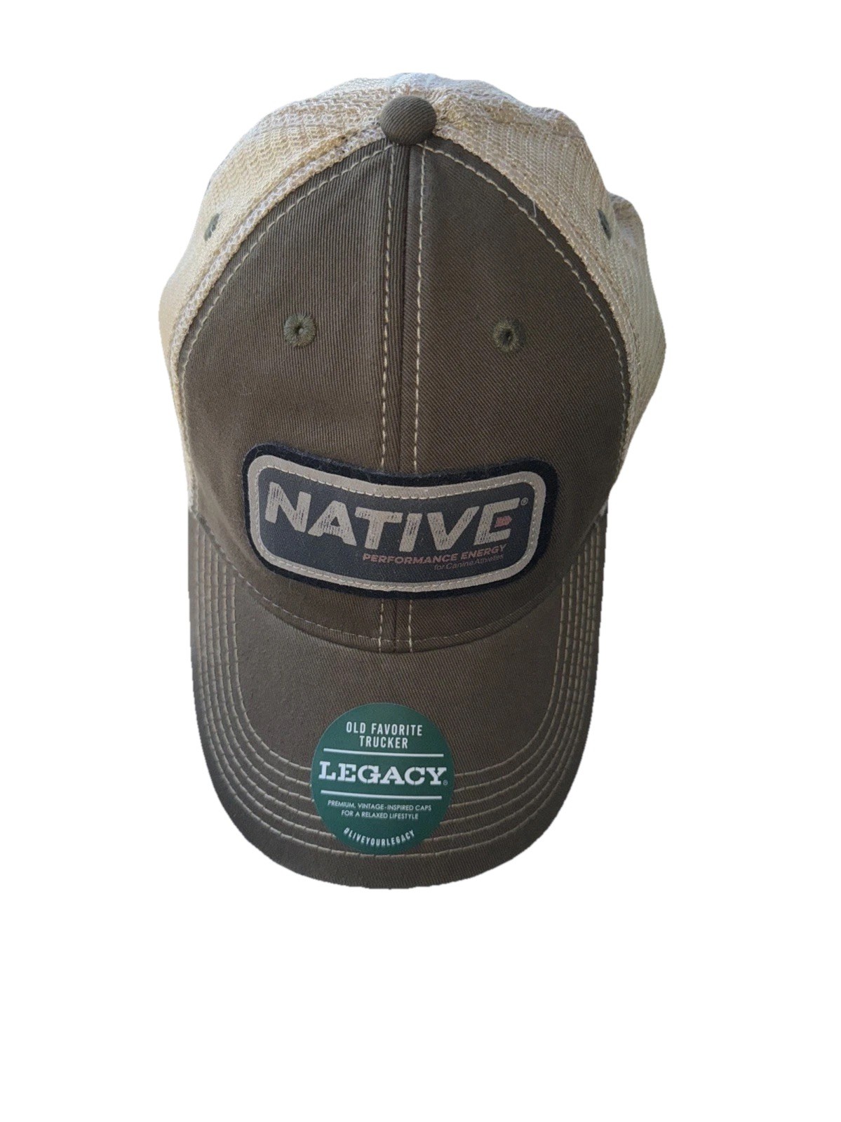 Native Performance Energy to Canine Athletes. Patch on Hat Cap Olive w Gold Mesh