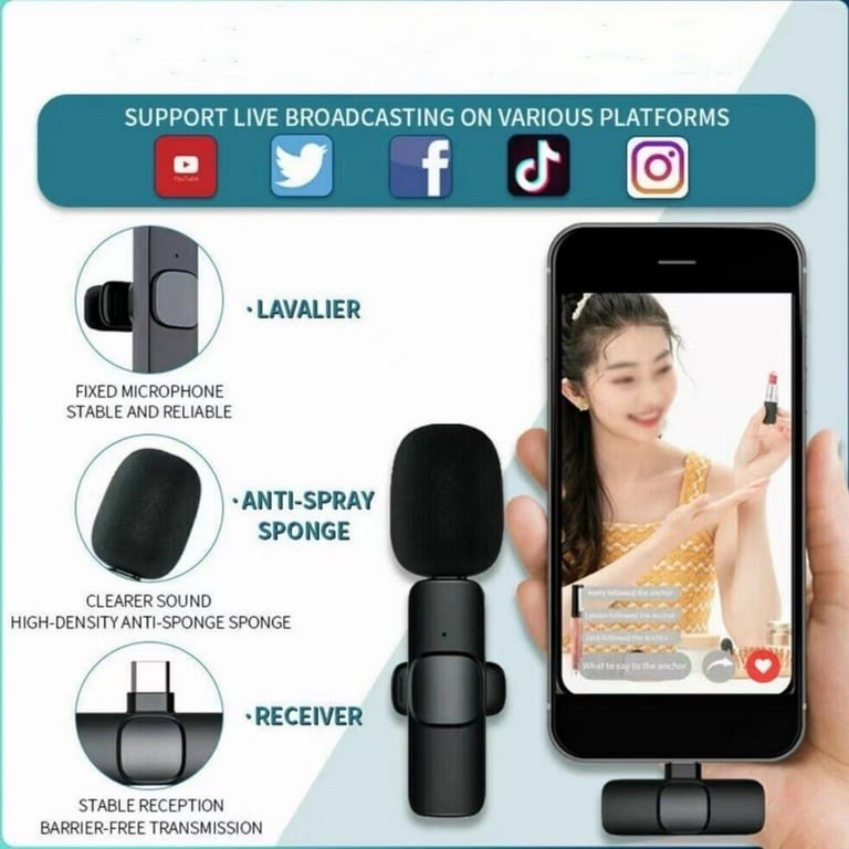 USB C Mini Mic (2) Rechargeable Wireless Microphones & 1 Receiver Type C Black