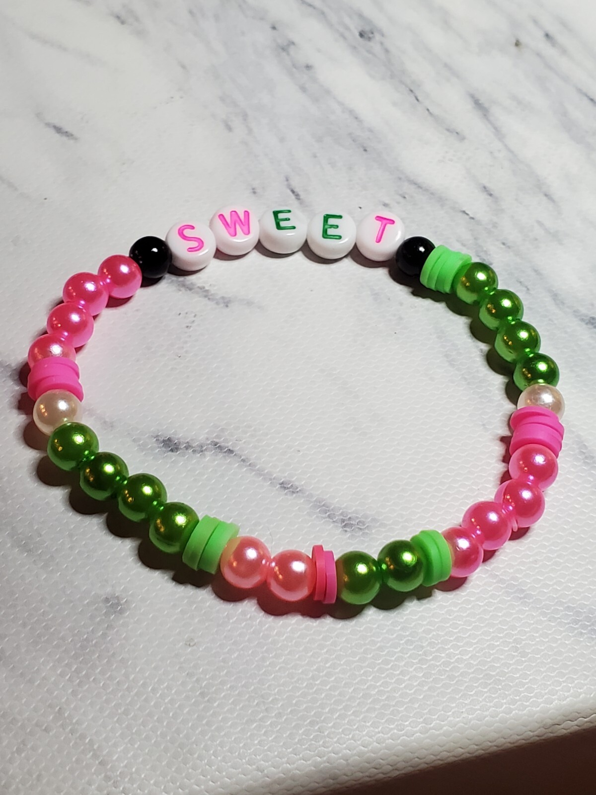 Handmade "Sweet" Beaded Bracelet Pink & Green