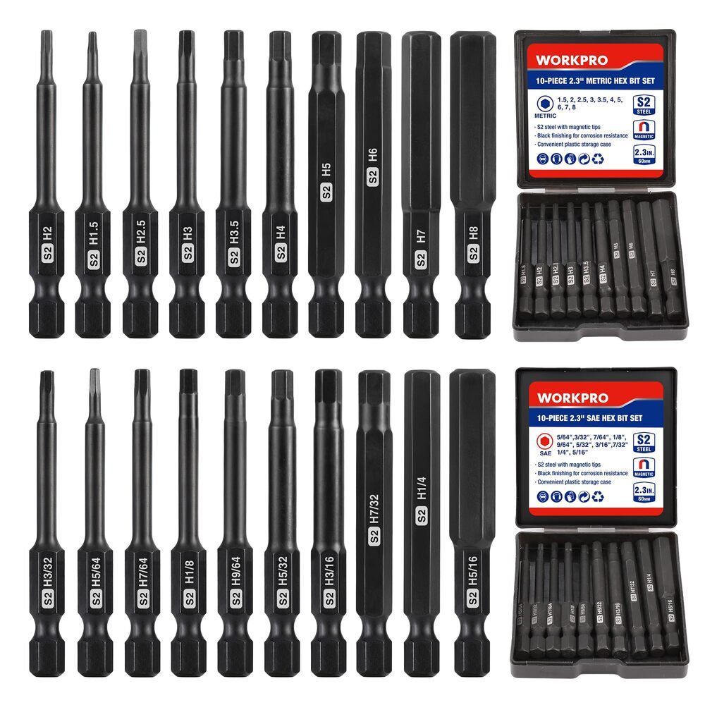 WORKPRO 20PC Magnetic Hex Head Allen Wrench Drill Bit Set Metric SAE Hex Bit Set