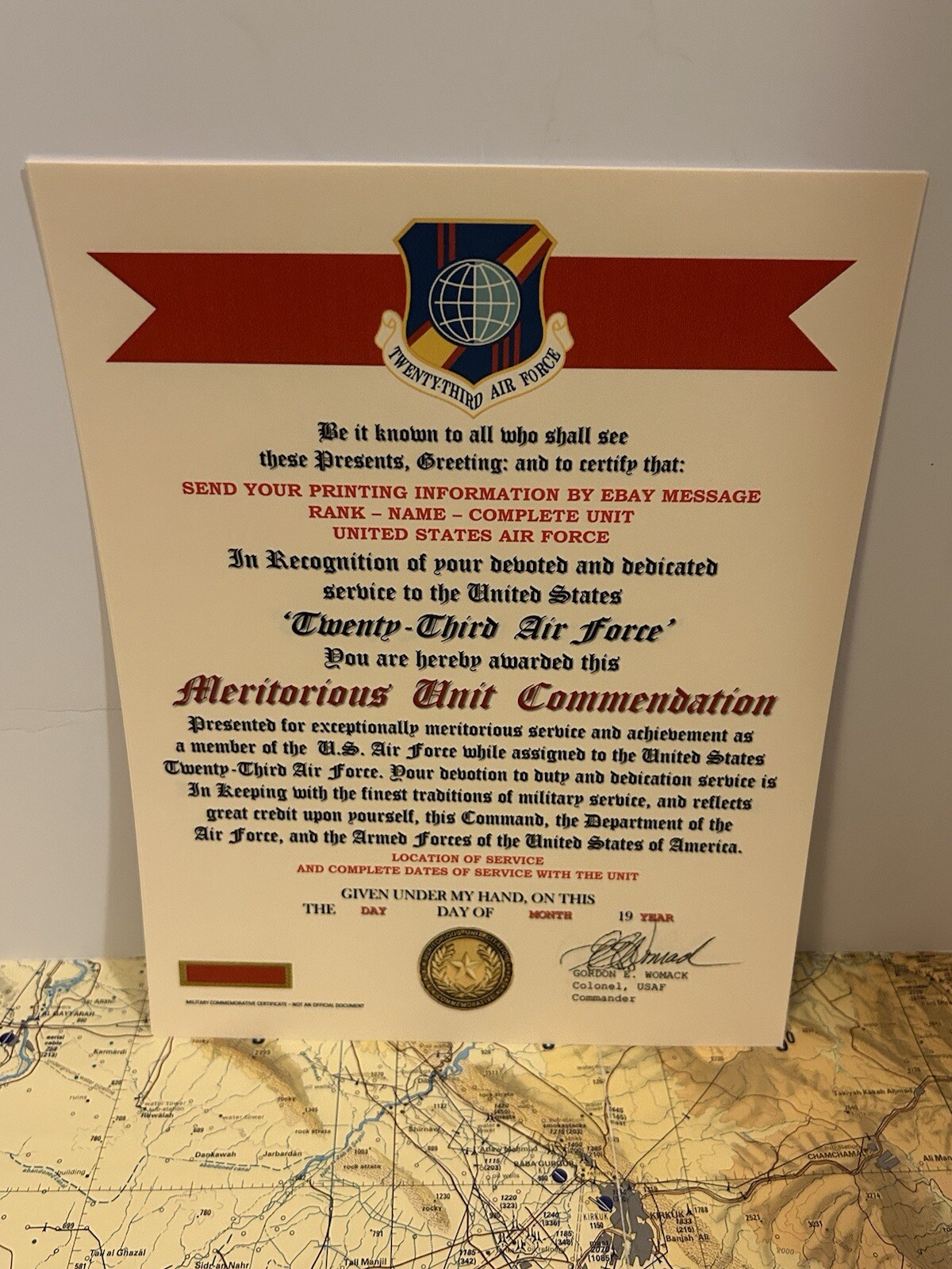 U.S. AIR FORCE / 23RD AIR FORCE - MERITORIOUS UNIT COMMENDATION CERTIFICATE