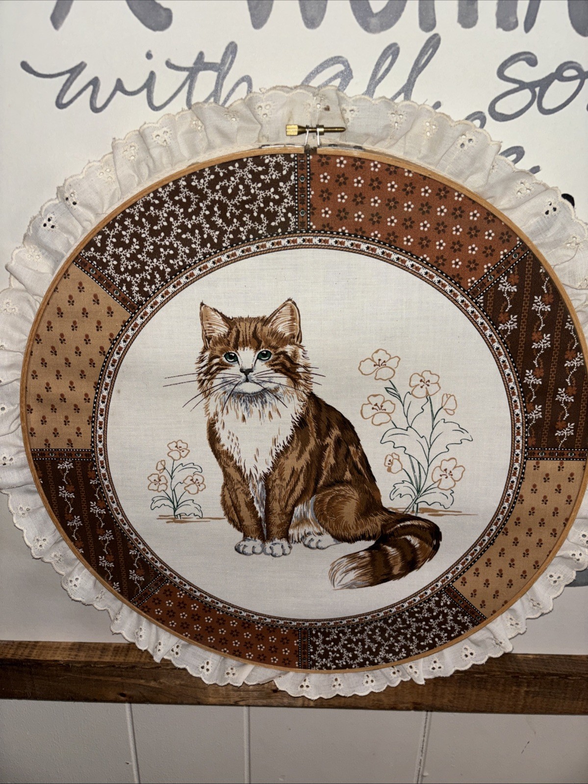 Vintage Large Embroidery Hoop Cranston Cat Print With Lace Trim. . 14.5 inches.