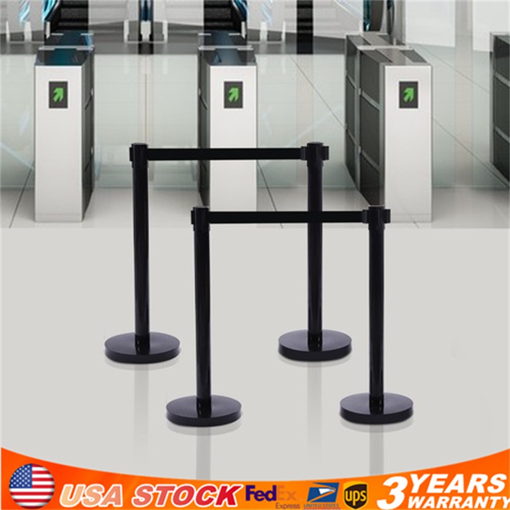 4Pcs Black Stanchion Post Queue Barrier Crowd Control 35.4" Height 6.6ft Belt