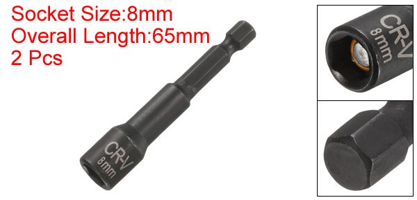 1/4" Hex Magnetic Nut 8mm Socket Wrench 65mm Black 2pcs
