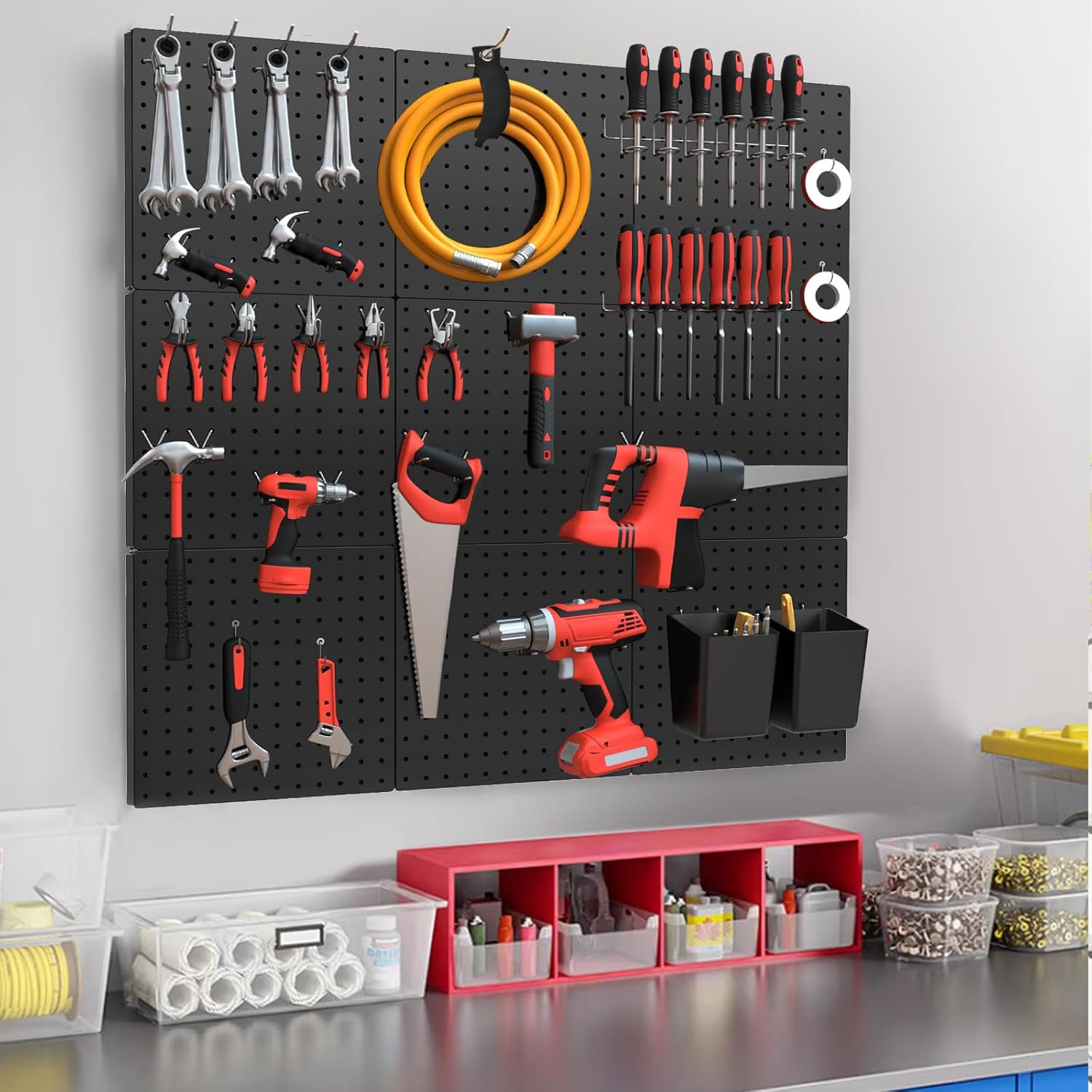 PegBoard 4Pack Metal Pegboard Kit Black Pegboard Wall Organizer with 32Pcs Hooks