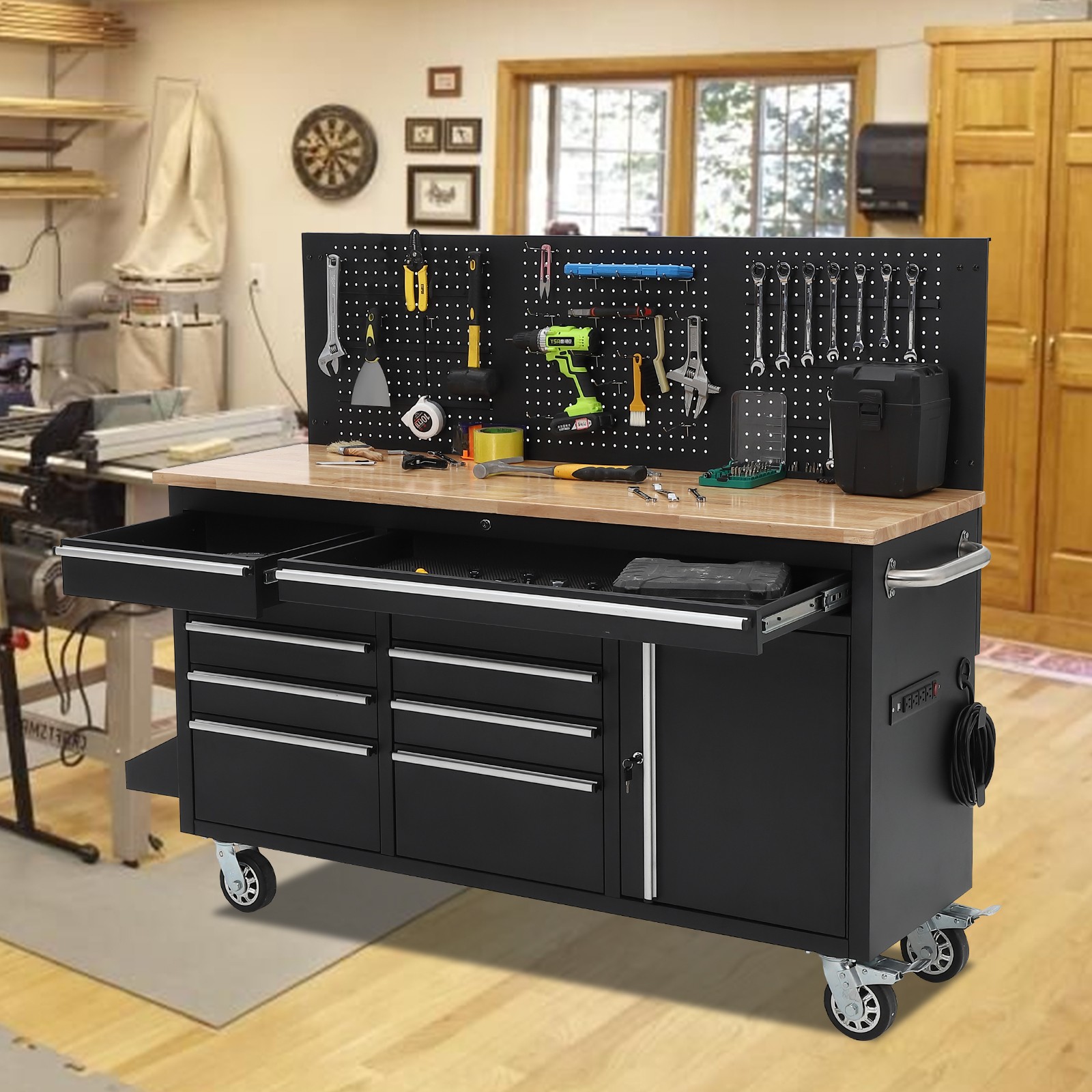 Workbench Rolling Tool Chest Heavy Duty Work Table with 10 Drawers and Pegboard