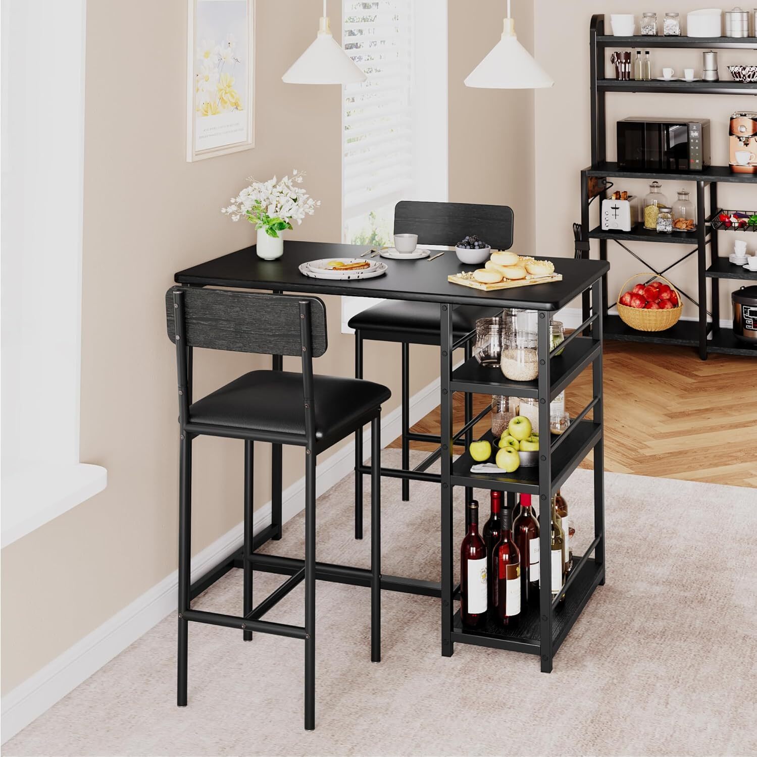 Dining Room Table Set Home Kitchen Table with 2 Upholstered Chairs and 3 Shelves