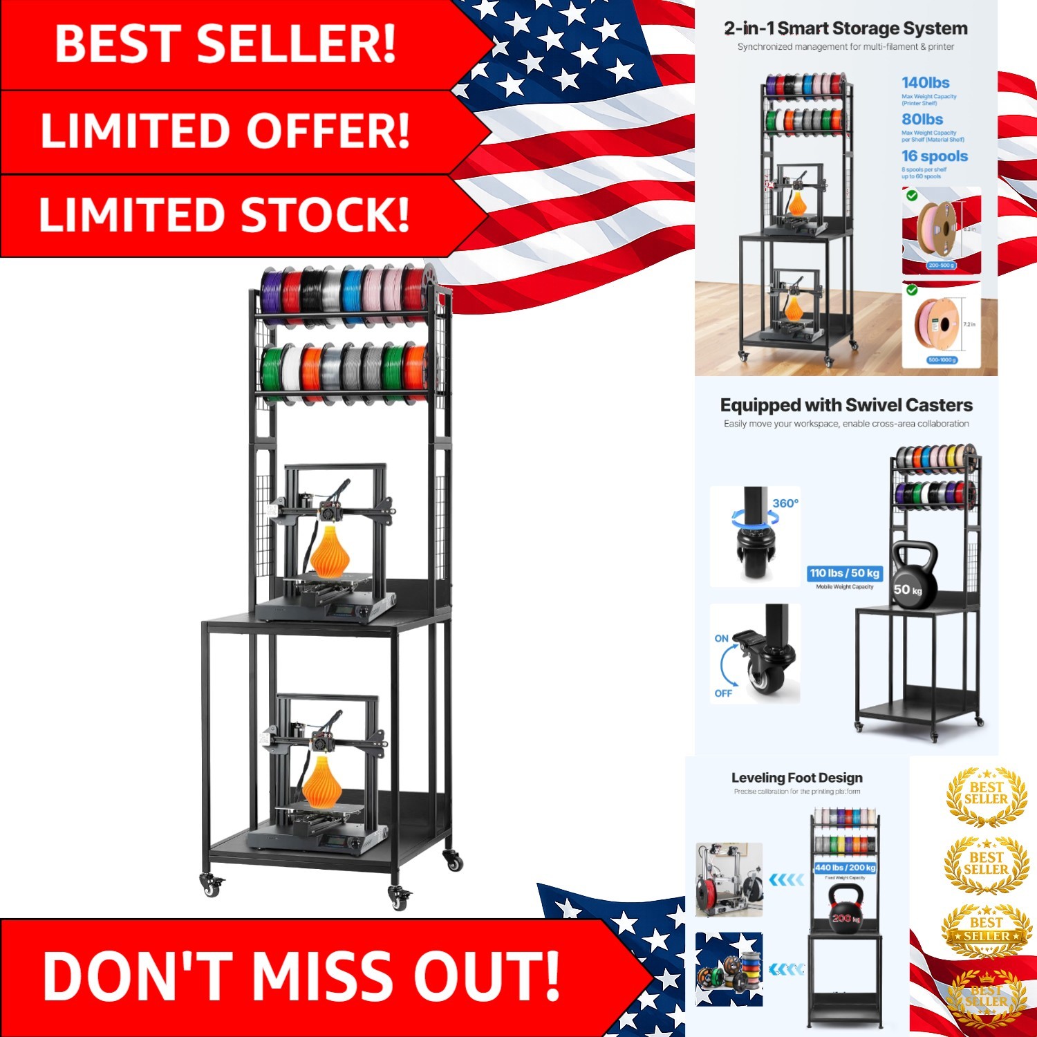 Carbon Steel Filament Storage Cart for 3D Printers - Space-efficient & Reliable