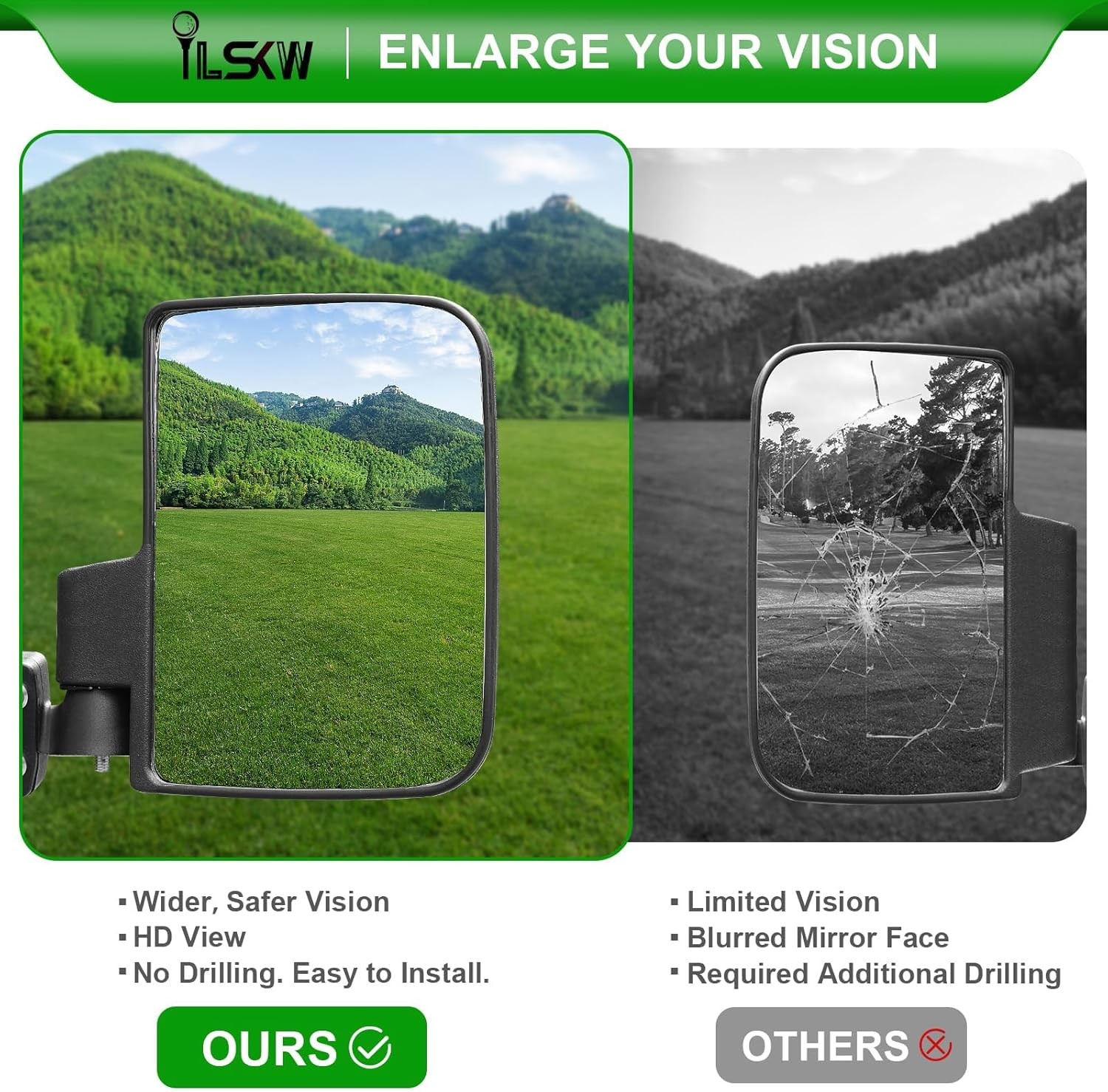 No Drilling Golf Cart Side Mirrors, Foldable Rear View Mirrors for 0.75" / 1" /