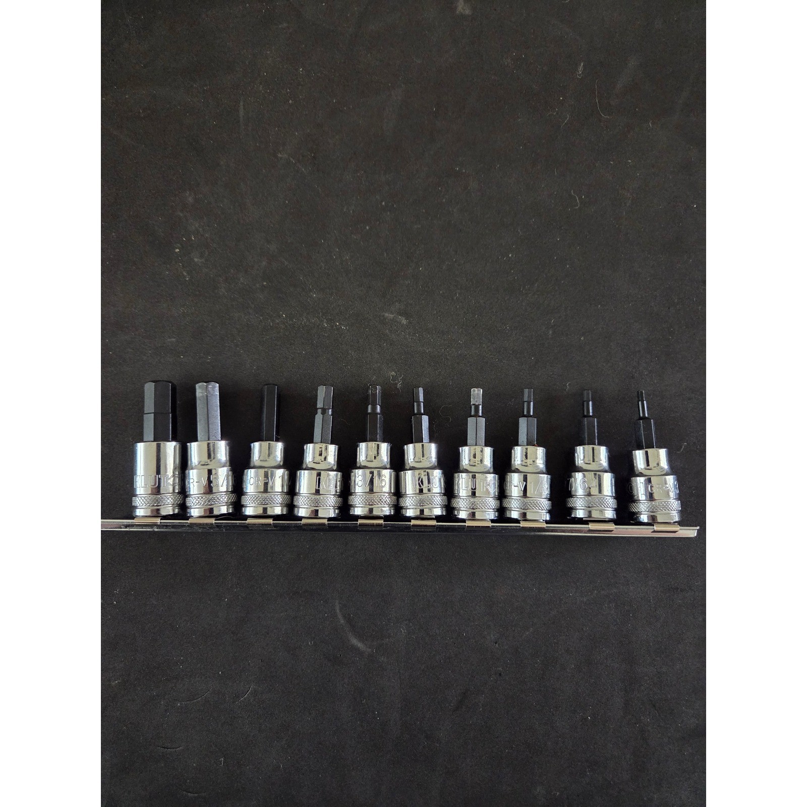 Klutch 10 Piece SAE Hex Bit Socket Set Drive CR-V Steel with Rail