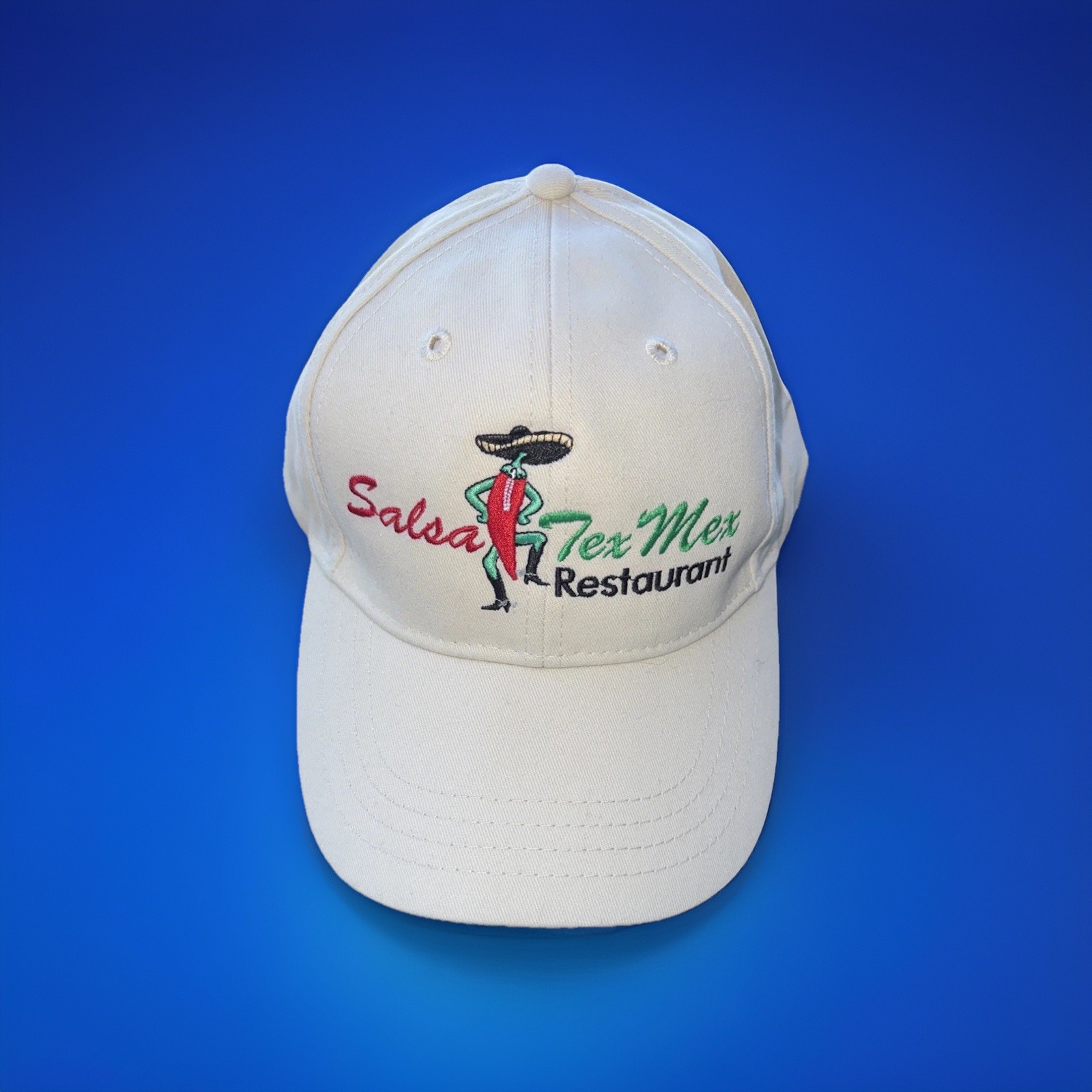 Salsa Tex Mex Restaurant w Dancing Red Pepper on Lite Tan Hat Cap Hook Loop EUC