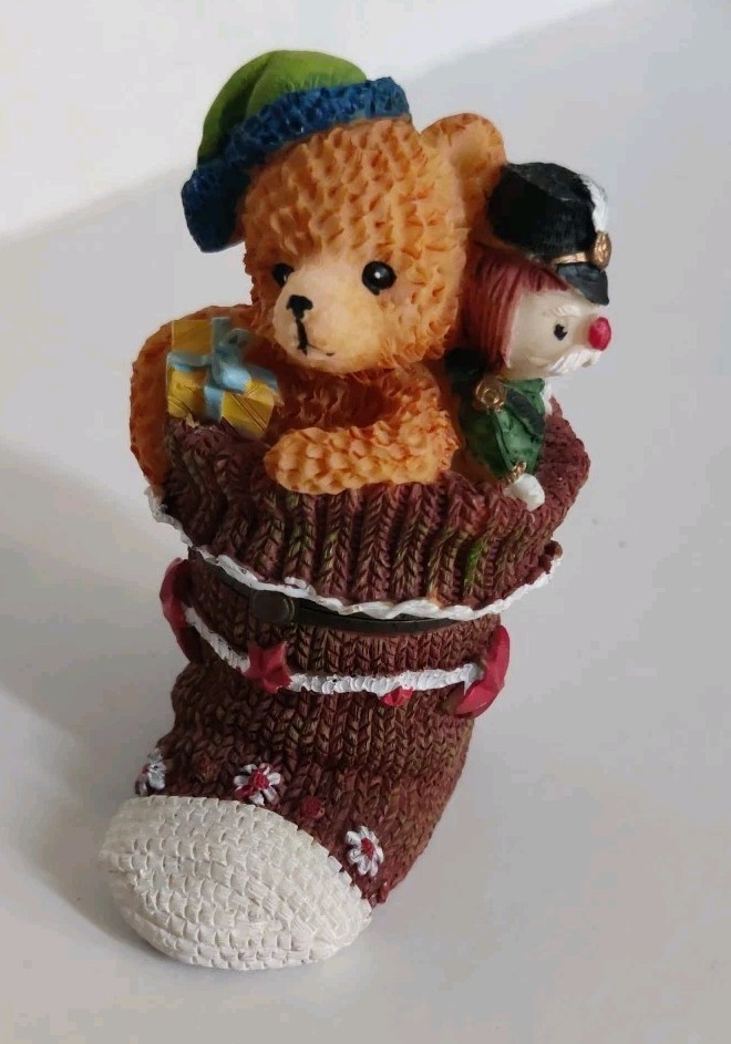 Christmas Trinket Box Bear In Christmas Boot 3.5"