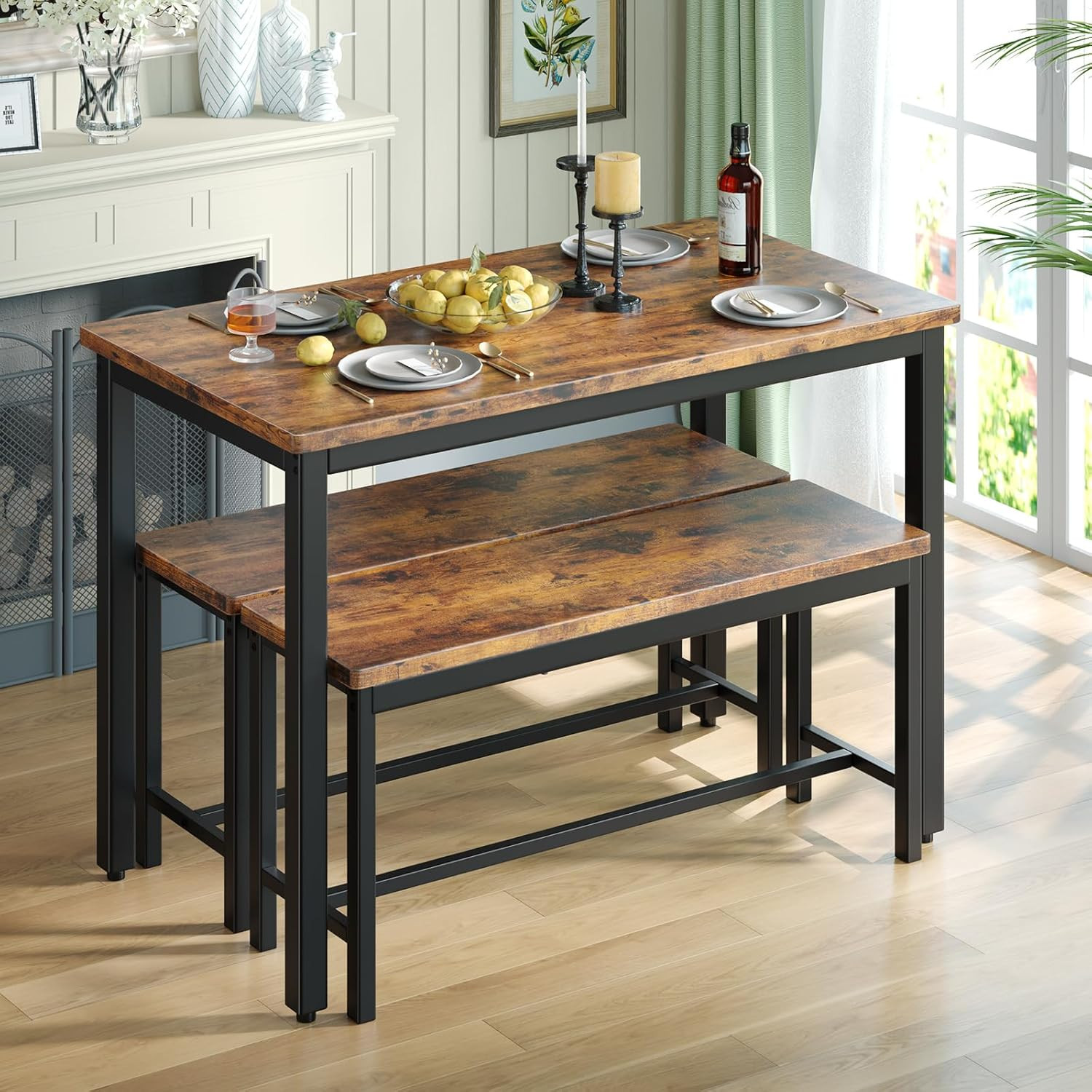 Compact 3-Piece Dining Table Set for 4 with Benches - Space-Saving Design