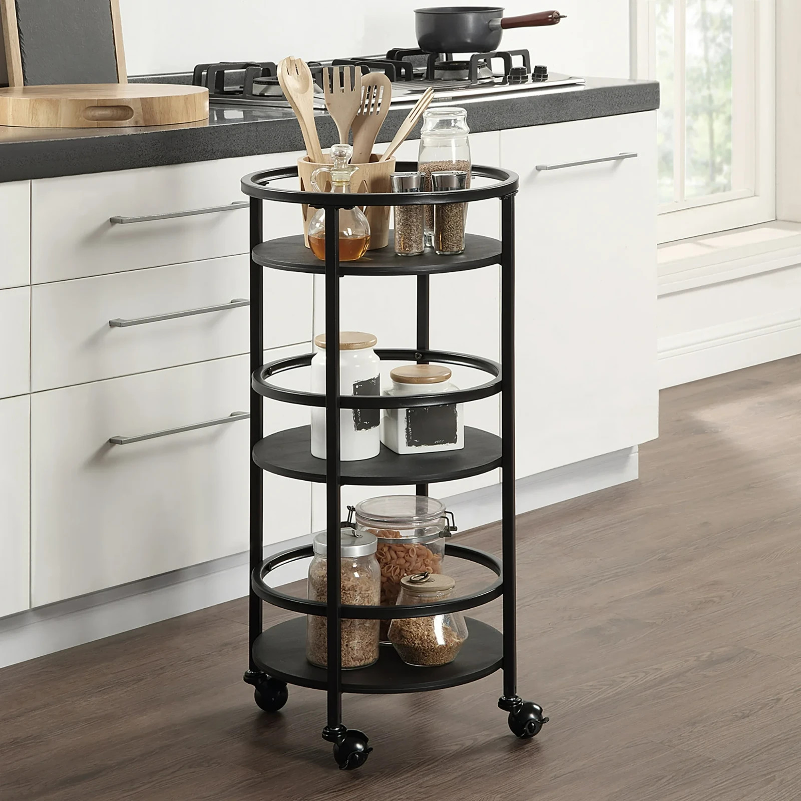 Mainstays 32" 3-Tier Rolling Round Kitchen Storage Bar Cart, Black
