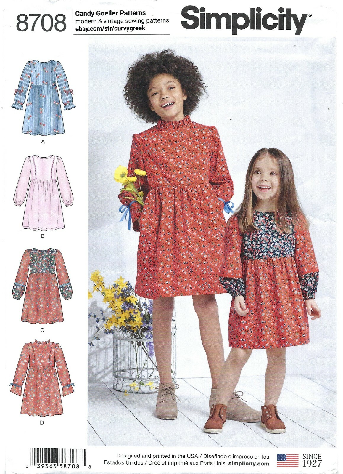 Simplicity 8708 Cottagecore Dress w Raised Ruffle Neck, Sleeve Options Sz 7-14