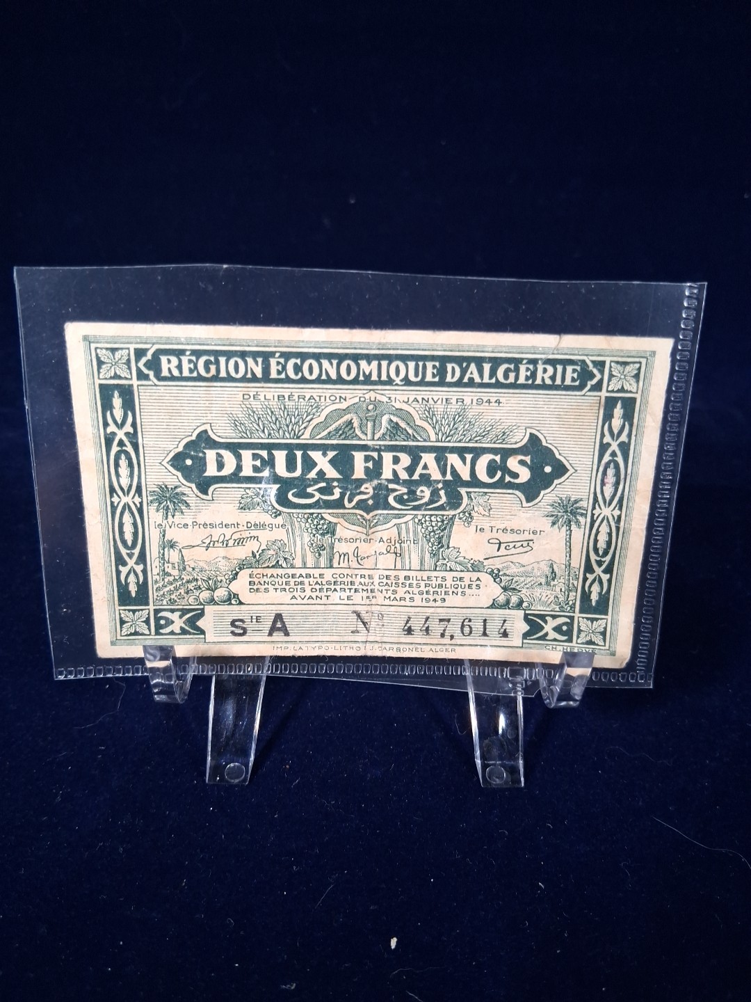 1944 ALGERIA 2 FRANCS BANKNOTE V.F