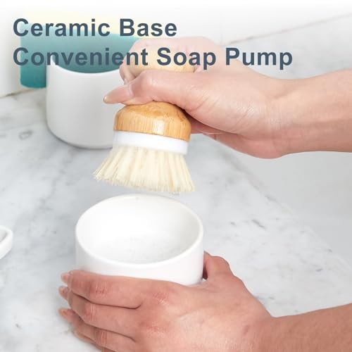 Bamboo Dish Brush with Ceramic Foaming Base, Kitchen Sink Scrub Brush White
