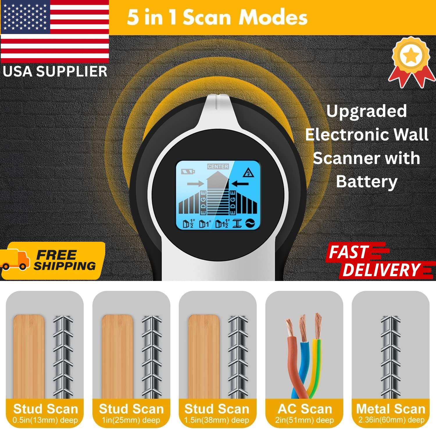 5 in1 Stud Finder Wall Scanner LCD Detector Wood Metal AC Wire Joists Pipes Tool