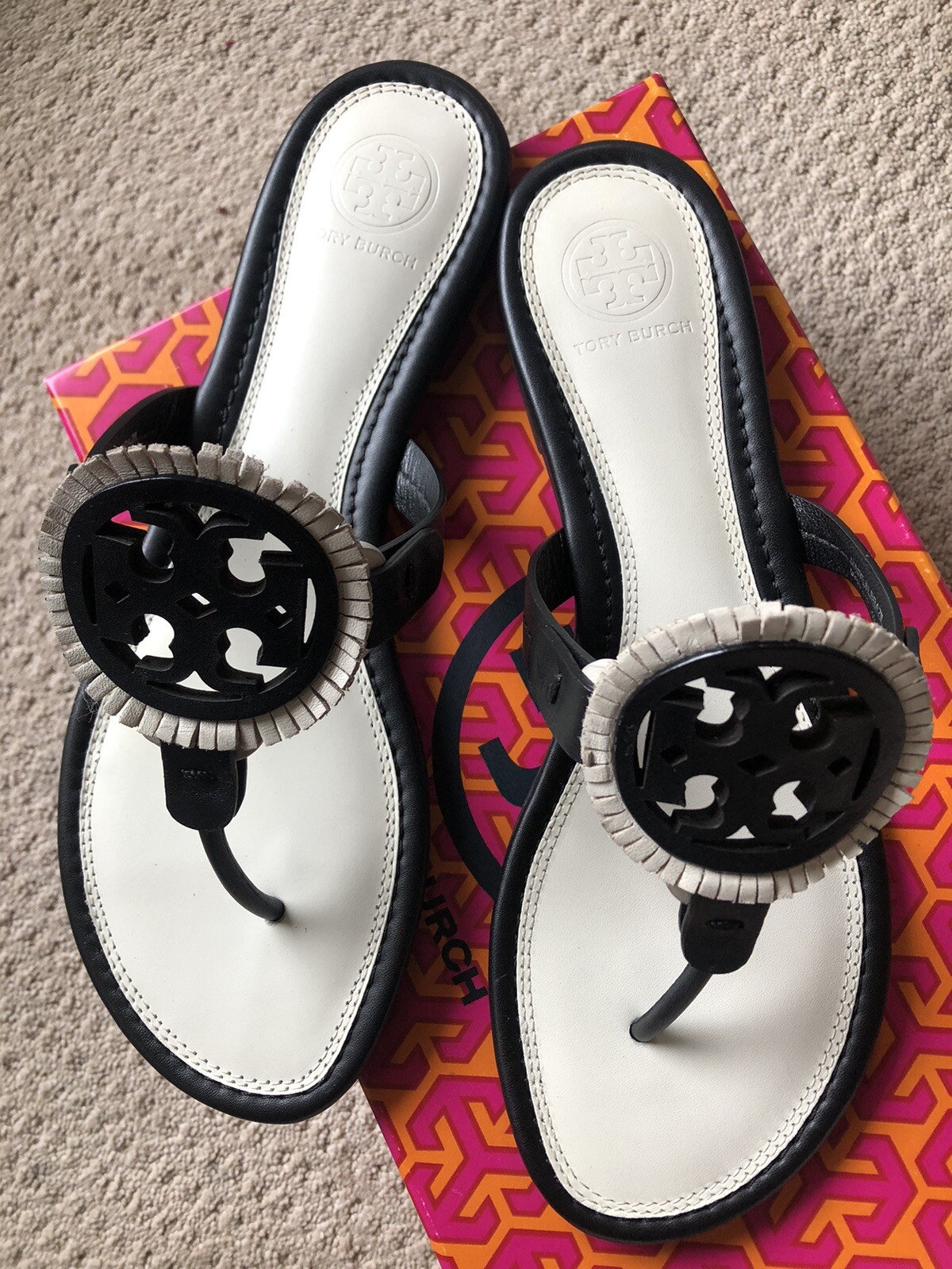 New Tory Burch Miller Fringe Size 8 White Leather Sandals