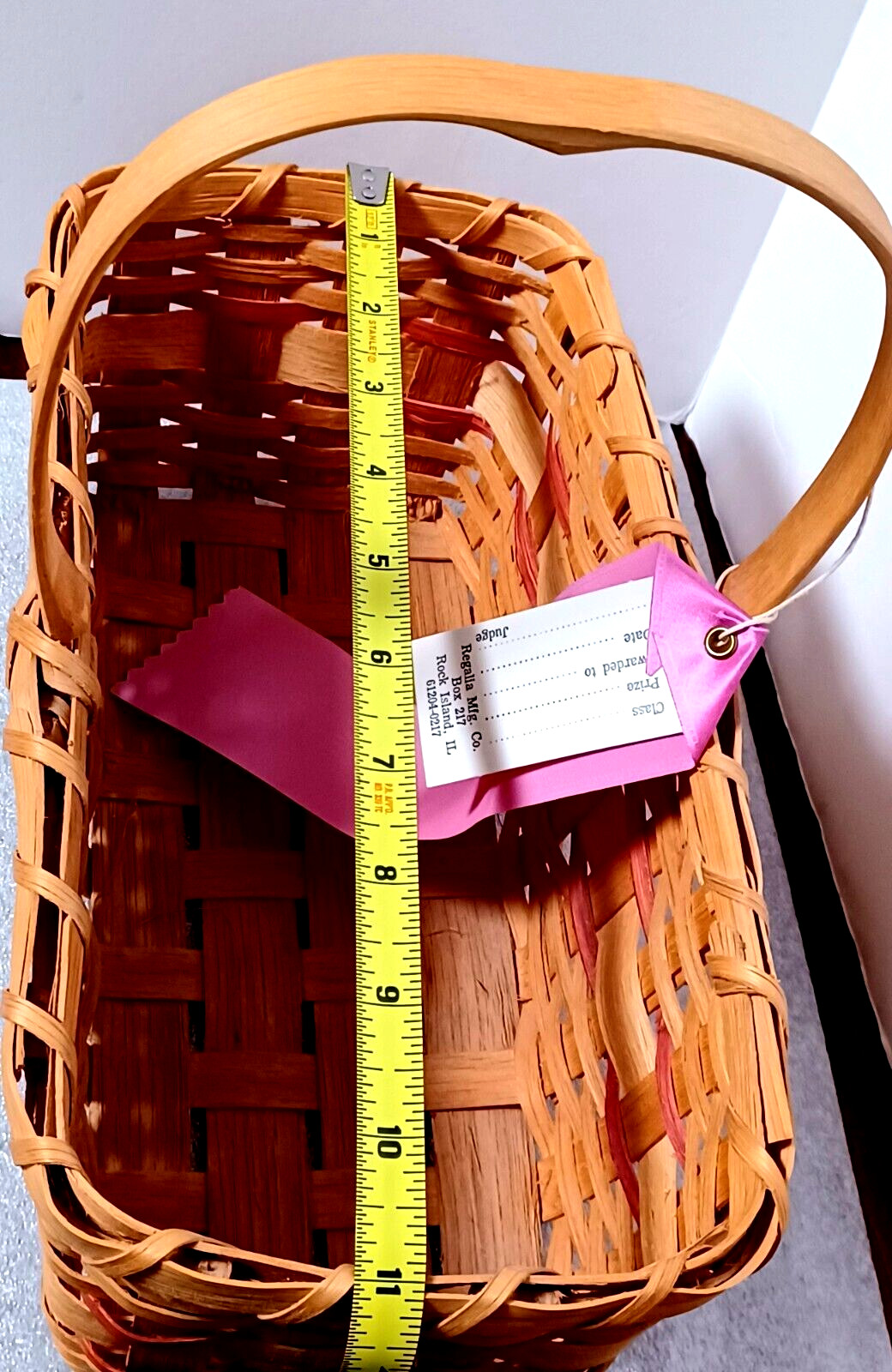 Handmade Rectangular Basket with fixed Handle Red and Tan 11" x 5.5" Vintage