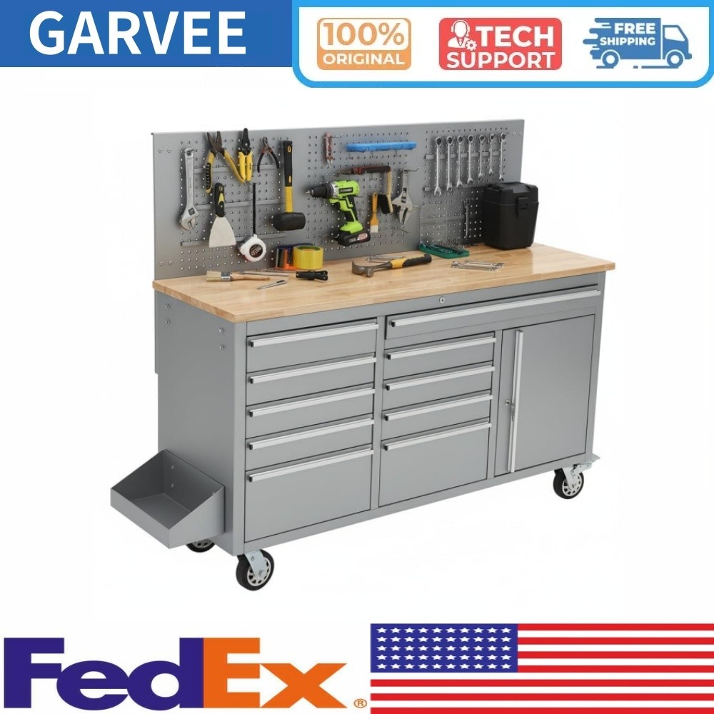 61-inch Rolling Tool Chest, 10 Drawers Garage Workbench Storage Tool Cabinet