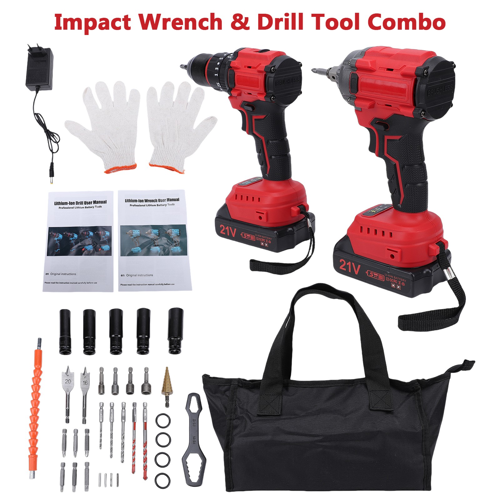 Cordless Impact Wrench and Impact Drill Set with Storage Bag Sockets Drill Bits