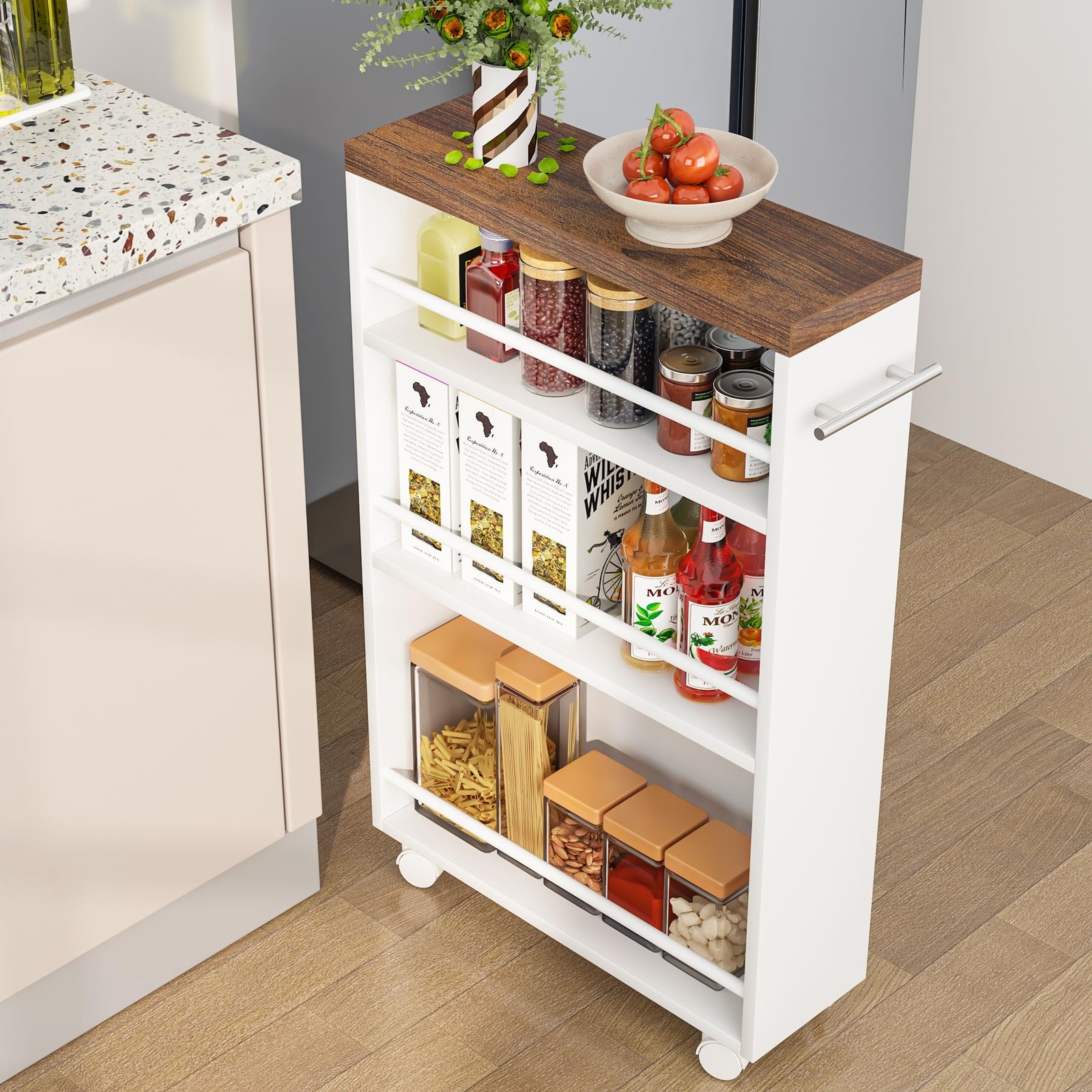 Slim Storage Cart, Rolling Narrow Kitchen Cart on Wheels for Small Place, 4-T...