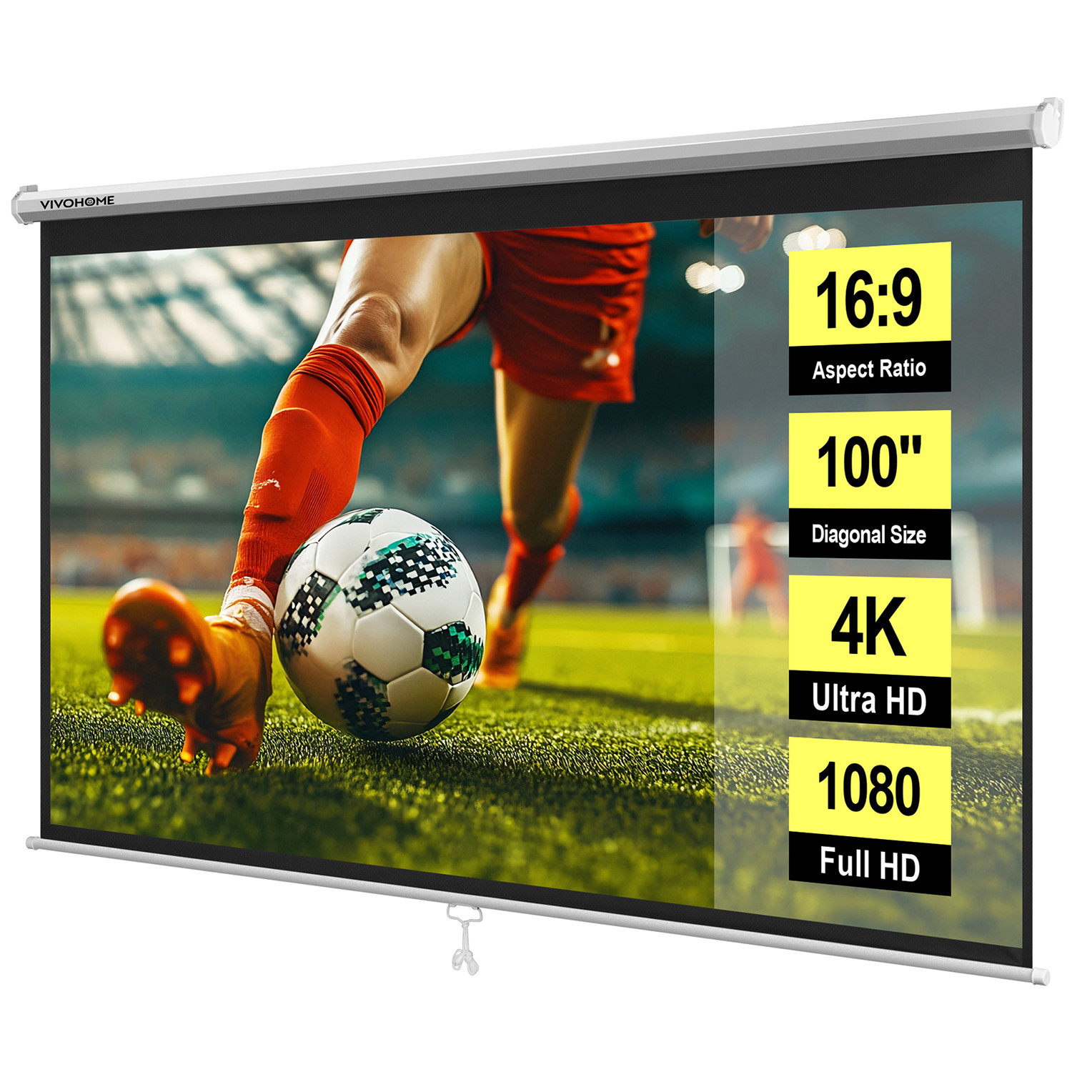100" Pull Down Projector Screen 16:9 HD 4K Retractable Home Movie Theater Office