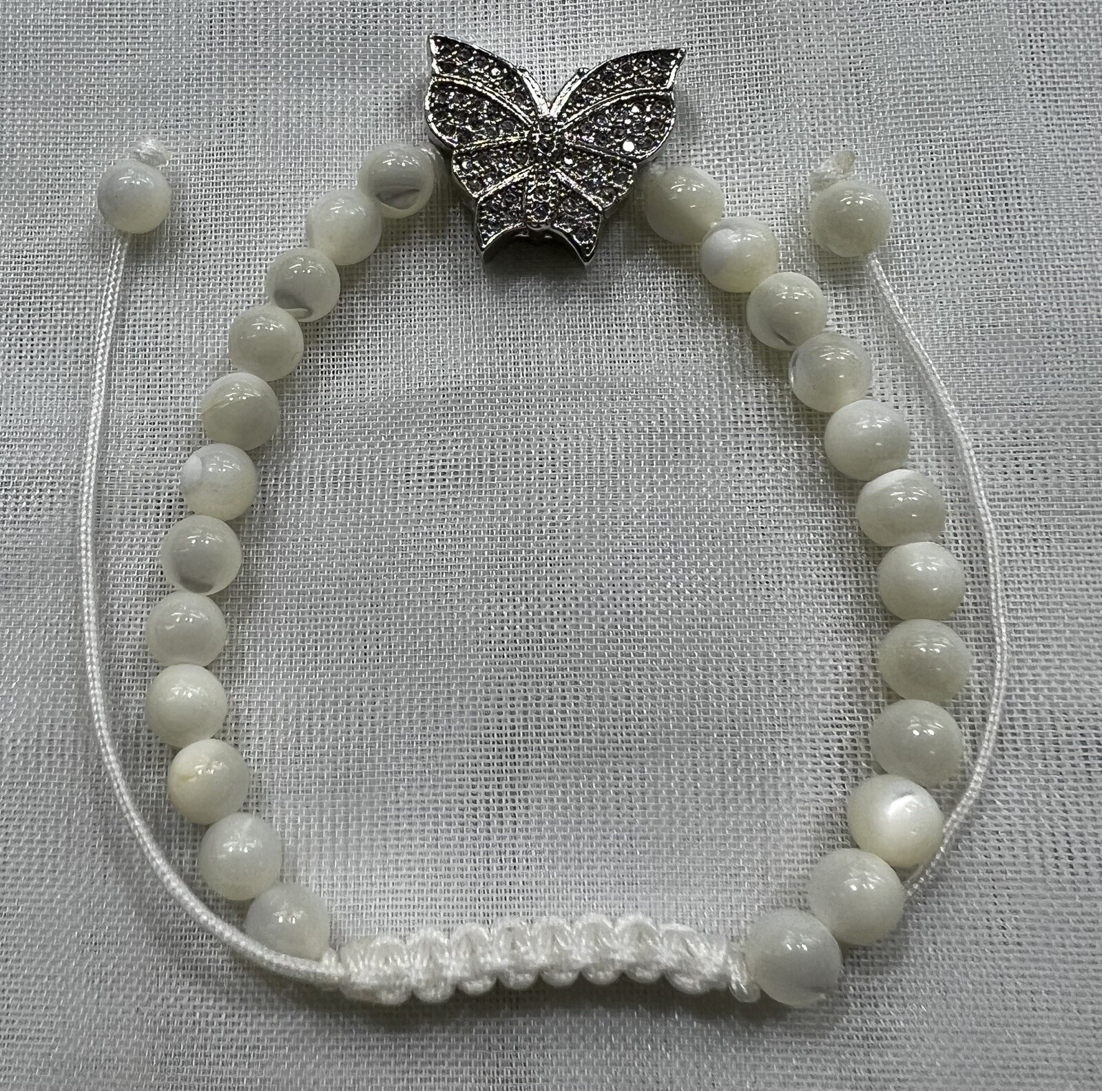 Handmade Unique 5”~9” Adj Bracelet with Mother of Pearl, Zirconia Butterfly