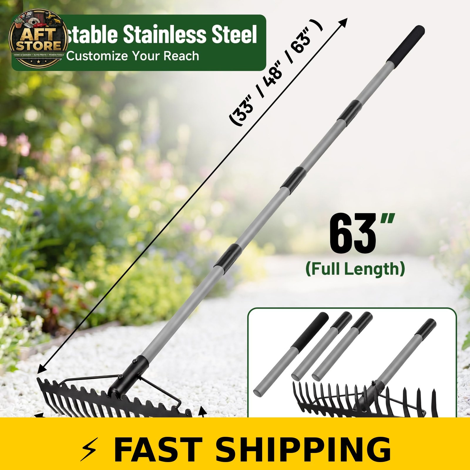 Walensee Dual-Sided Bow Rake with 63" Stainless Steel Handle