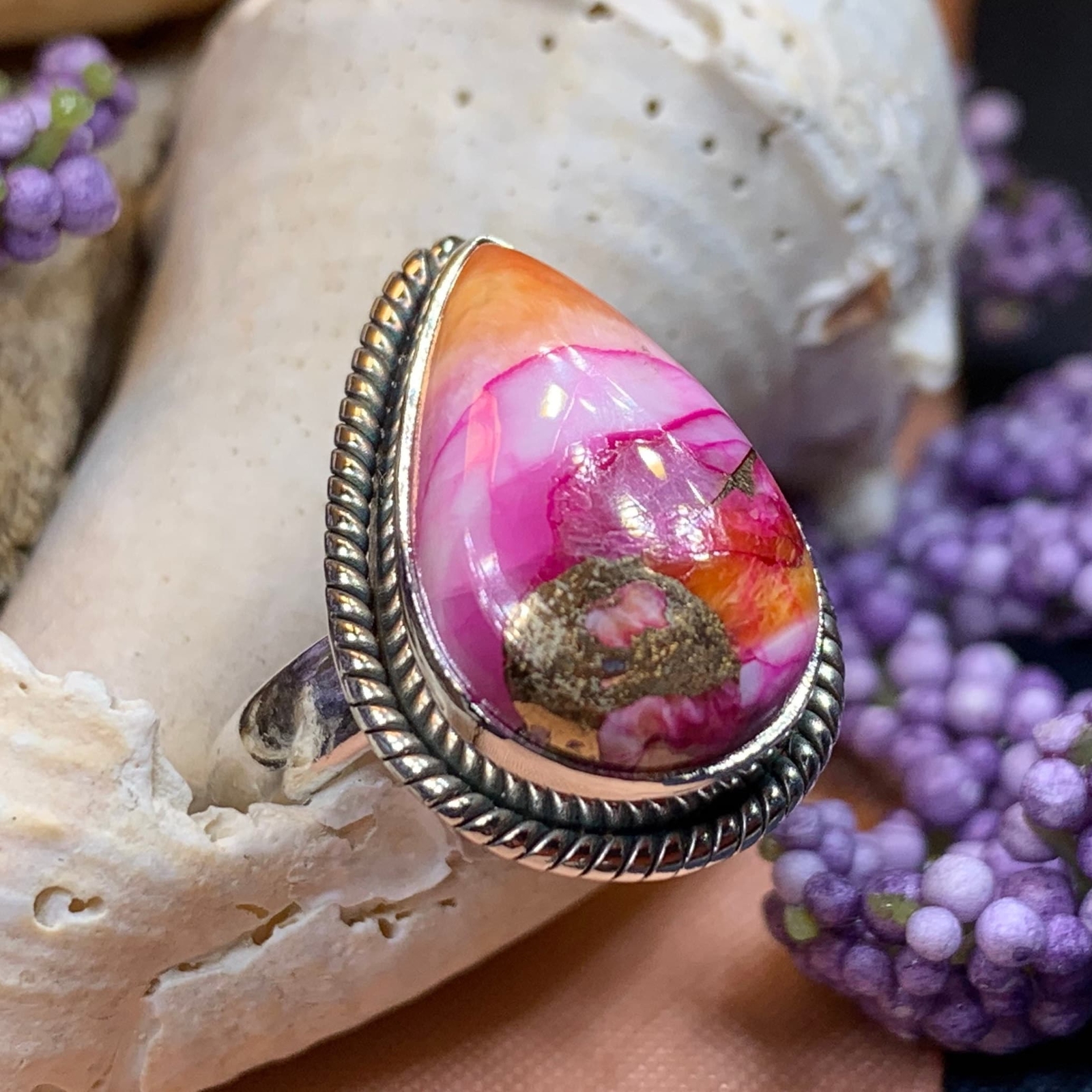 Ladies Statement Ring Boho Spiny Oyster Turquoise Large Wiccan Pagan Ring 925